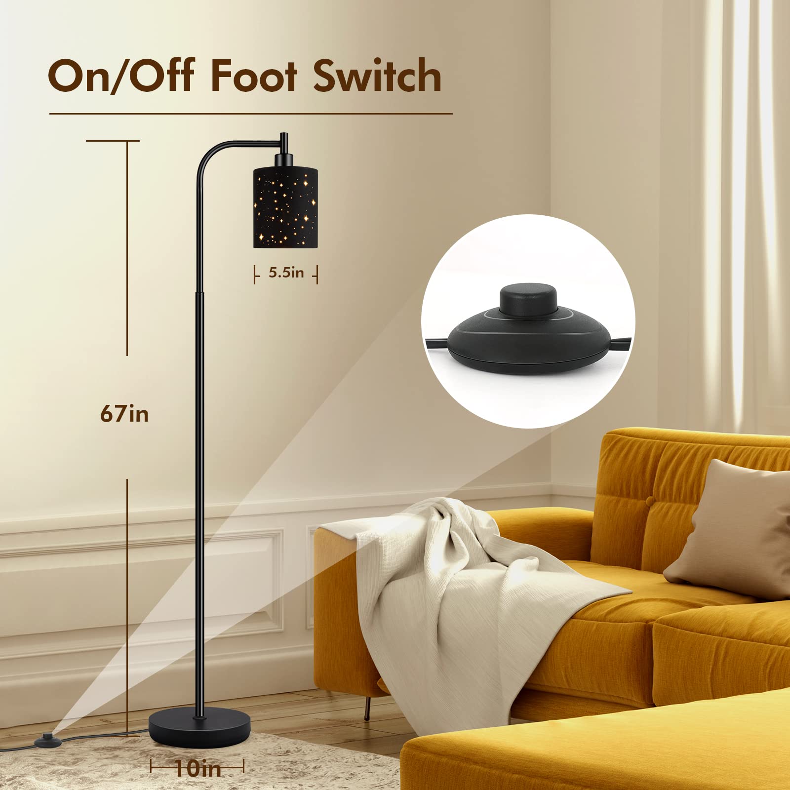 Auquee Industrial Floor Lamp - Modern Black Standing Lamp With 6W Led Bulb & Foot Switch