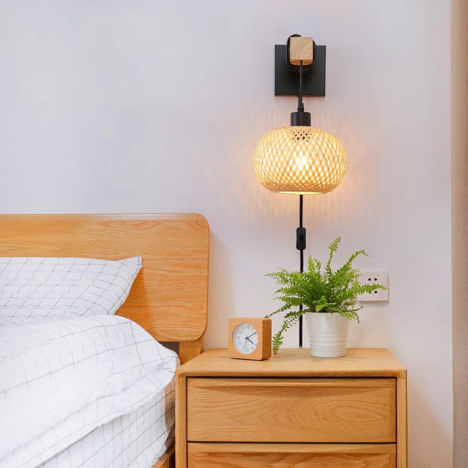 Farmhouse Rattan Plug In Wall Sconces, Rustic Hand-Woven Bamboo Shade & Wood Beam Wall Light Fixtures, Rattan Bamboo Wall Lamp F