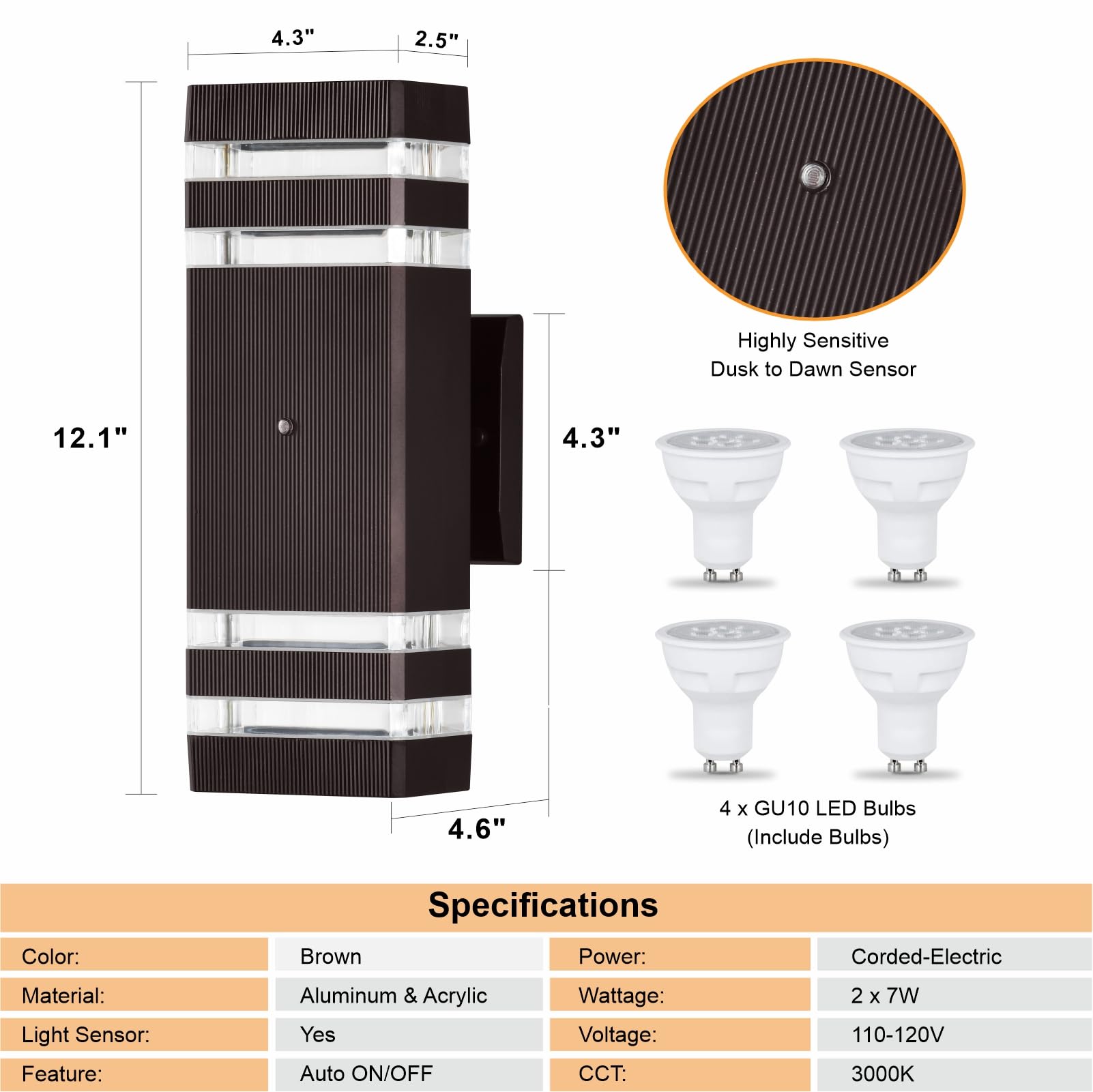 DASTOR Dusk to Dawn Outdoor Wall Lights - 2 Pack Waterproof Brown Sconces, Warm White 3000K for Porch, Garage, Patio - Model DST-240403