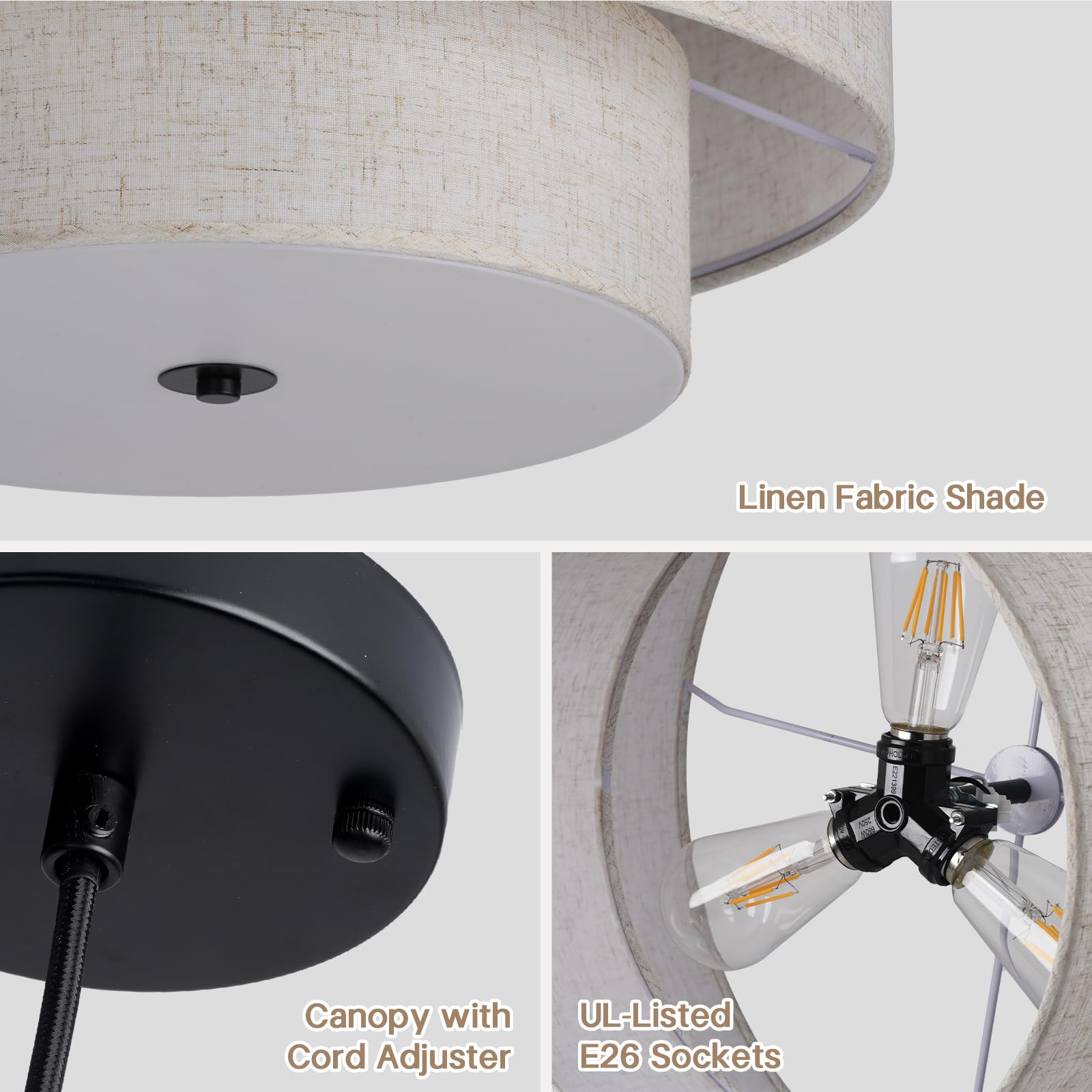 HILUXIA 18" Double Drum Fabric Pendant Light Chandelier - Taupe, Large Hanging Fixture for Dining Room, Living Room, Bedroom, Kitchen