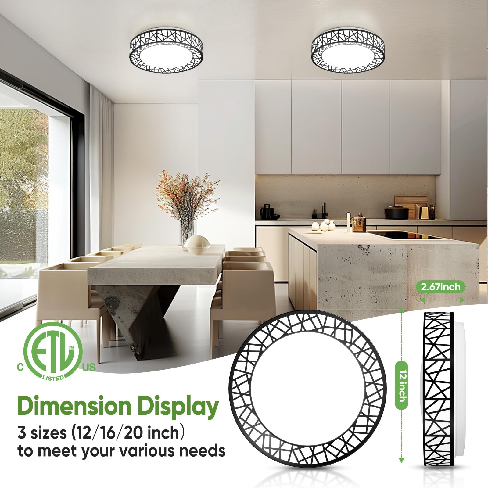 Lightania 12 Inch Black Flush Mount LED Ceiling Light, 20W 1400LM, Dimmable, Adjustable 2700-6500K, ETL Listed