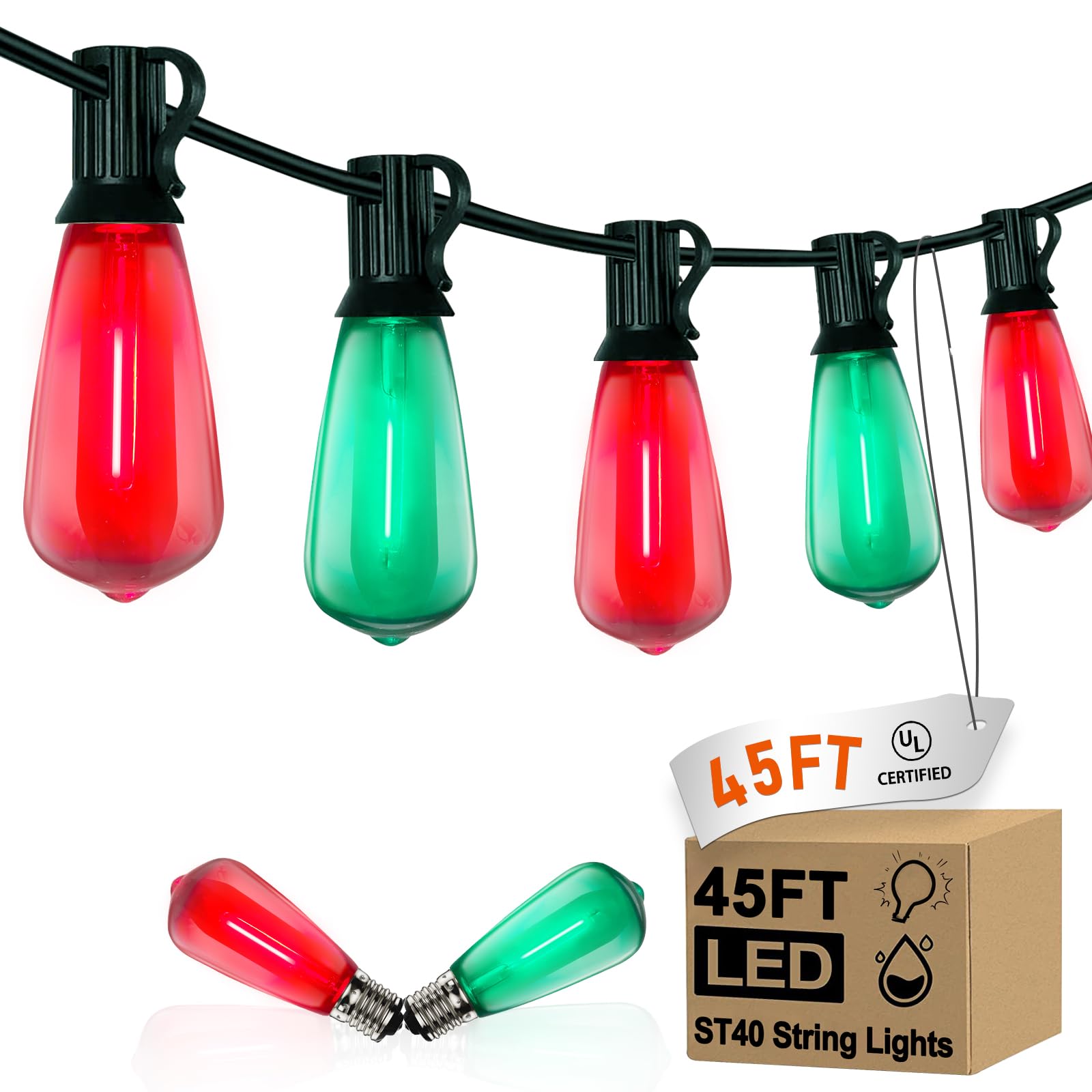 GOOTHY LED Christmas Lights, 45FT Outdoor String Lights, Waterproof, 30 Shatterproof Bulbs, Red Green, Model ULP(9)-LR(30)(0.6W