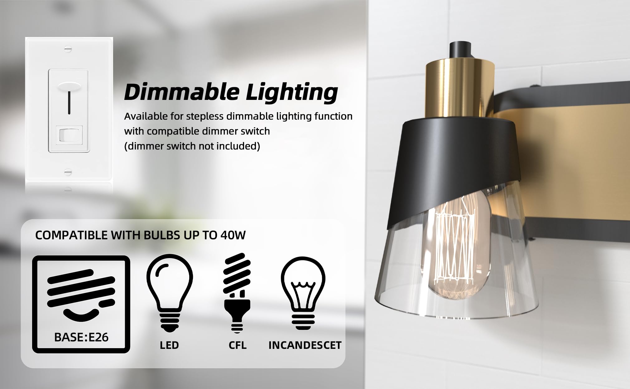 Ursola Bathroom Vanity Light, 3 Lights Bathroom Light Fixtures, 19.7 Inch Bathroom Light Fixtures Over Mirror Black And Gold, With Bevelled Edge And Clear Glass Shade Wall Lamp