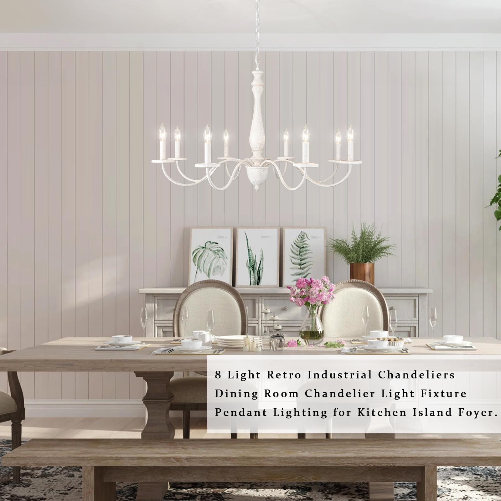 Mrhyswd White Farmhouse Chandelier 8 Lights 37.4" Large Distressed Wood French Country Chandelier For Dining Room Chandelier Candle Pendant Light Fixtures Ceiling For Kitchen Living Room Foyer Bedroom