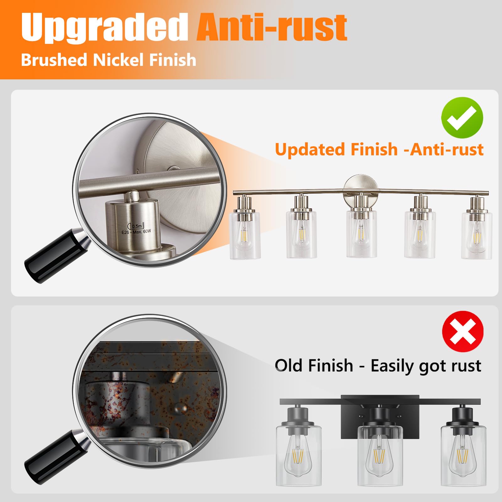DINGLILIGHTING 5-Light Bathroom Light Fixtures, Brushed Nickel, Metal, Clear Glass Shade, Modern Vanity Lights for Mirror, Kitchen, Hallway