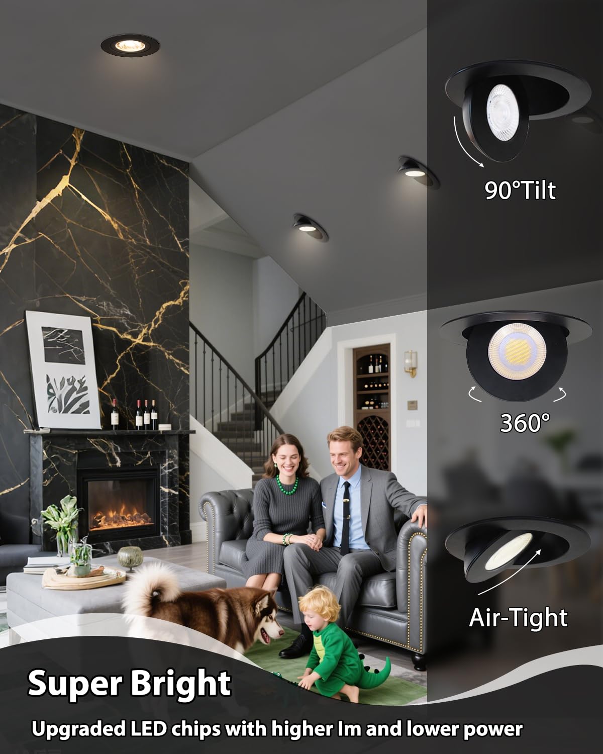 Zouzai 6 Inch 5Cct Gimbal Black Led Recessed Lights  360+90 Adjustable Directional Recessed Lighting  2700K-5000K Dimmable Retrofit Eyeball Can Lights With Jbox  Etl&Energy Star(Black 6 Pack)