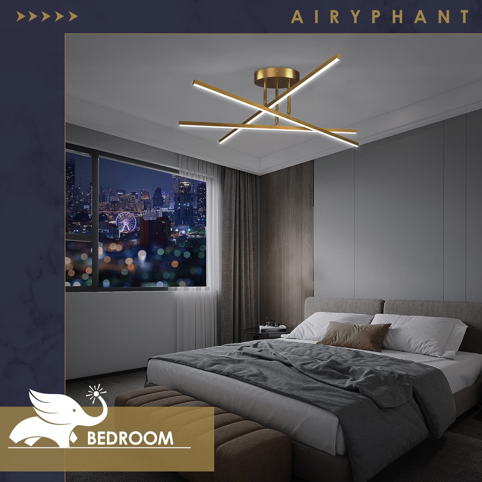 Airyphant Gold Led Chandelier, 3-Lights Modern Semi Flush Mount Ceiling Lighting Fixture For Kitchen Dining Room Foyer Entry Bed