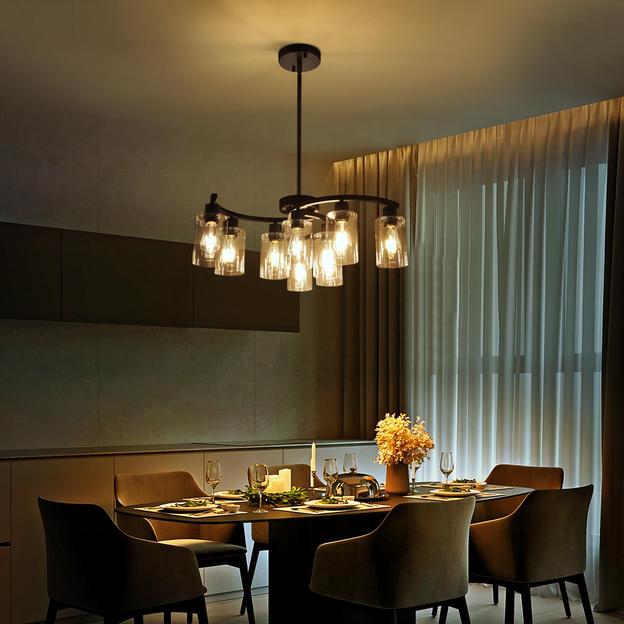 Sigaitwei 9-Light Black Farmhouse Chandelier, 29.5" Metal Pendant Light Fixture with Clear Glass Shades