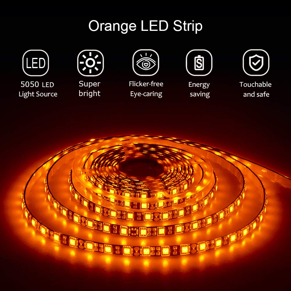 ALITOVE Orange LED Strip Lights 16.4ft 5050 SMD Waterproof IP65 12V DC for Home, Hotels, Cars - Model AL5050OR300BKWP