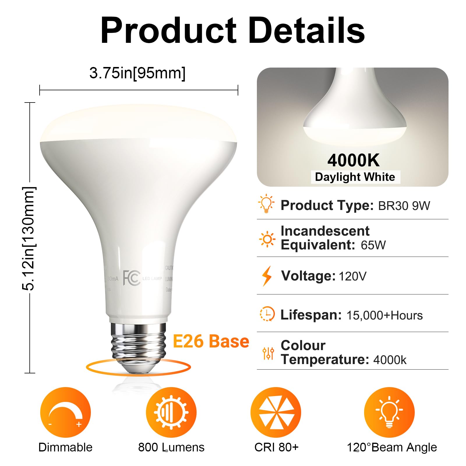 Tjoy 6Pack Br30 Led Flood Light Bulb, Dimmable Indoor Cri80 9W Equivalent 65W 2700K Daylight 800 Lumens, 15000 Lifetime Hours Fo