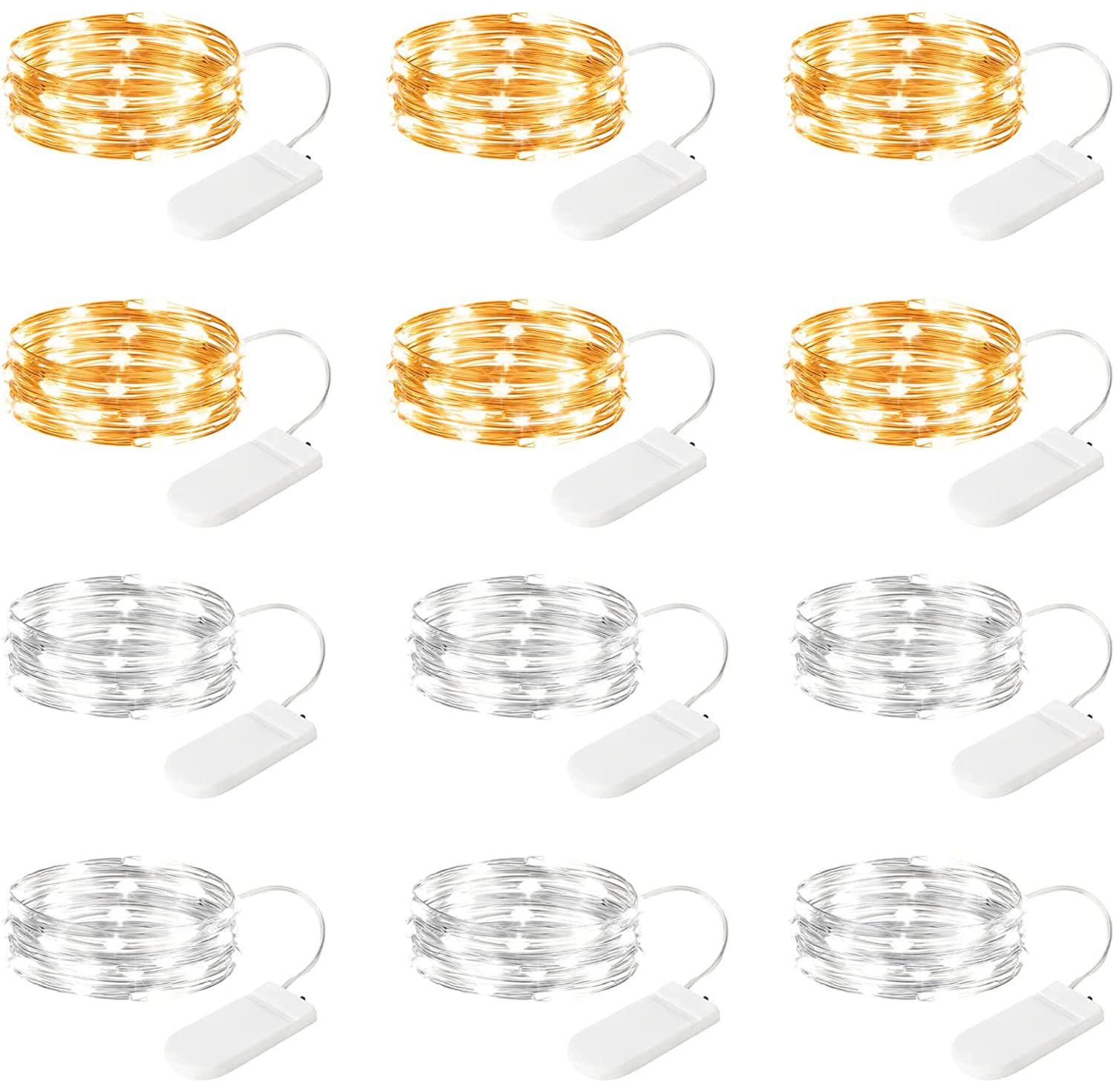 Brightown 12 Pack LED Fairy Lights, Battery Operated, Waterproof, Silver Wire, 7 Feet, Warm White + White, Model CR2032