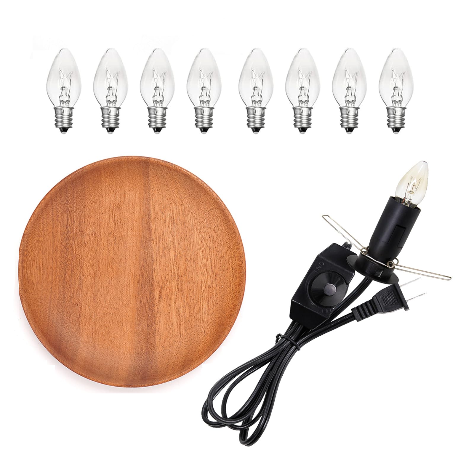 OHLGT 1 Pack Salt Lamp Cord Replacement with 1 Pack Wooden Tray and 8 Pack 15 Watts E12 Halogen Salt Lamp Bulbs