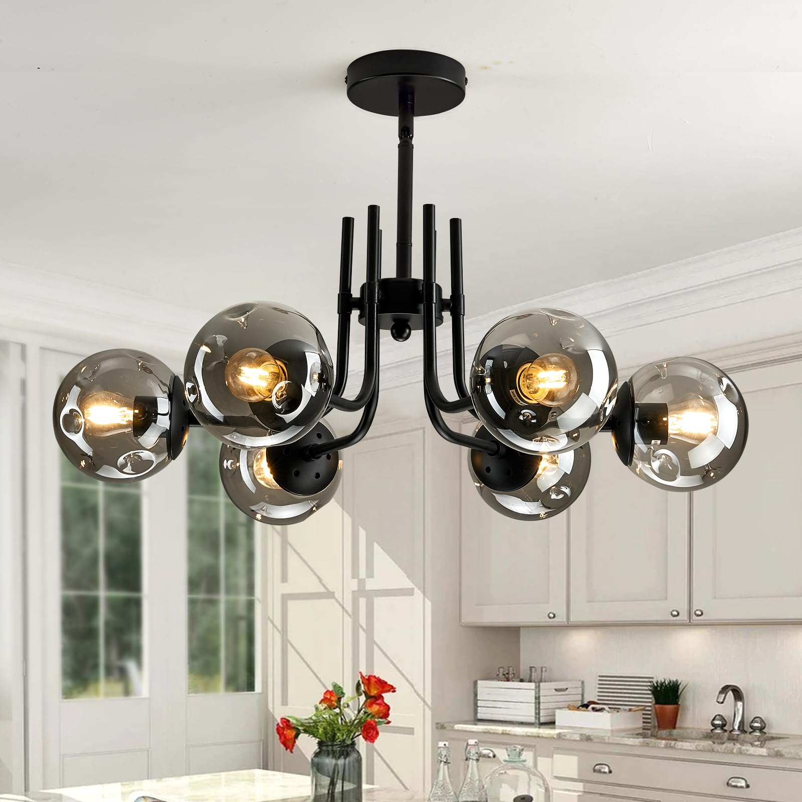 Hesoge 6-Lights Glass Globe Sputnik Chandeliers Modern Metal Ceiling Light Fixture Black Semi Flush Mount Chandelier For Living Room Dining Room Bedroom Farmhouse Kitchen.
