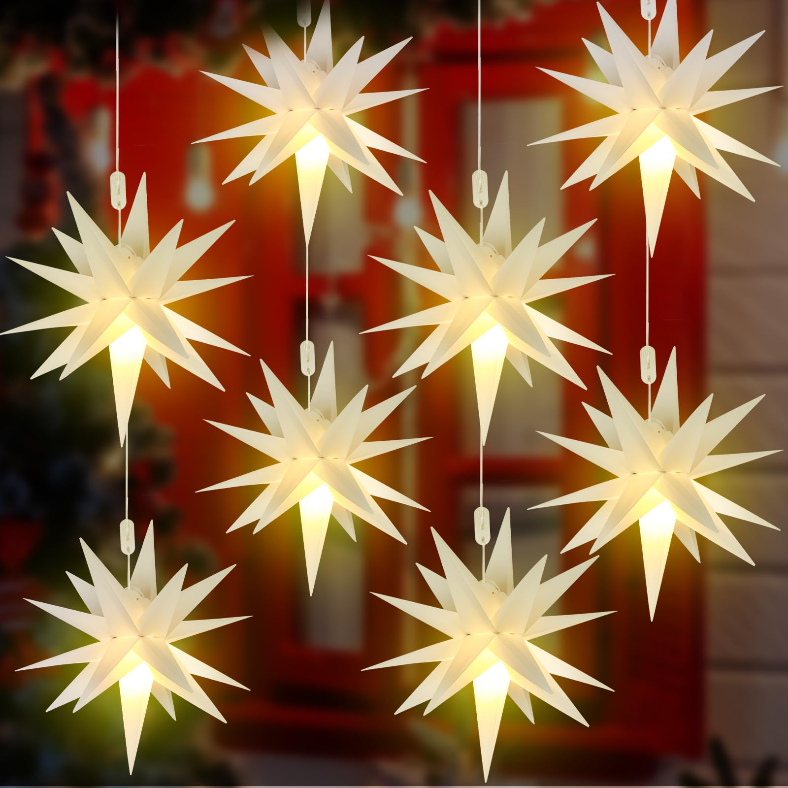 Kingdder 8 Pieces Moravian Star Light LED 3D Star Hanging Light Powered by Battery with Timer Function White Porch Lantern Holid
