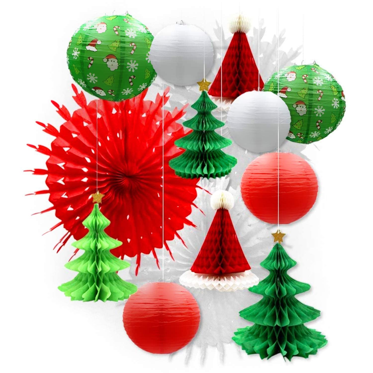 UNIQOOO 14PCS 3D Christmas Honeycomb Paper Lantern Set, Pine Tree, Star, Santa Hat, Snowflake, Paper, Christmas Fan