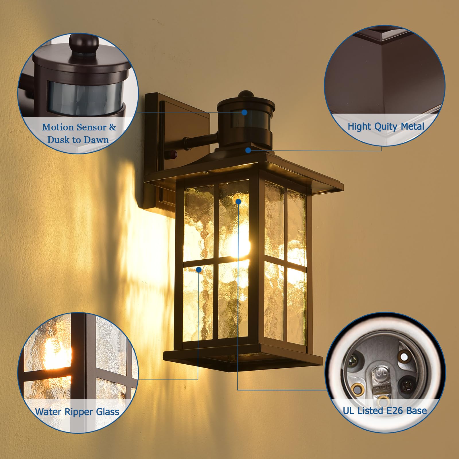 FLEDAVID Motion Sensor Outdoor Wall Lights, 2 Pack, Brown, Dusk to Dawn Sconce Fixtures for Porch, Garage, Patio - Model 5c2349b2