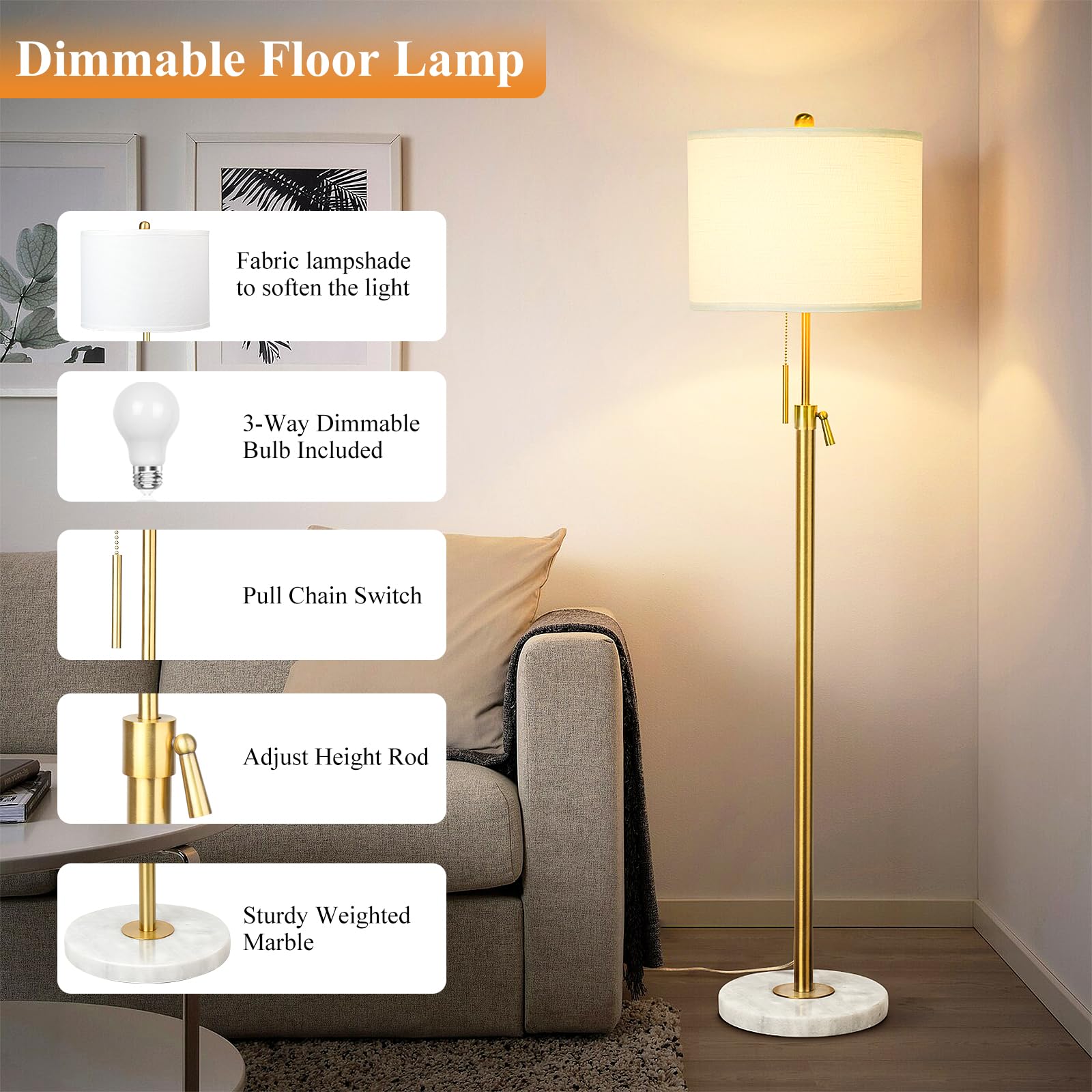 Qingmiao Modern Adjustable Height Floor Lamp, Gold Brass with Marble Base, 3-Way Dimmable, White Linen Shade - Ideal for Living Room & Bedroom