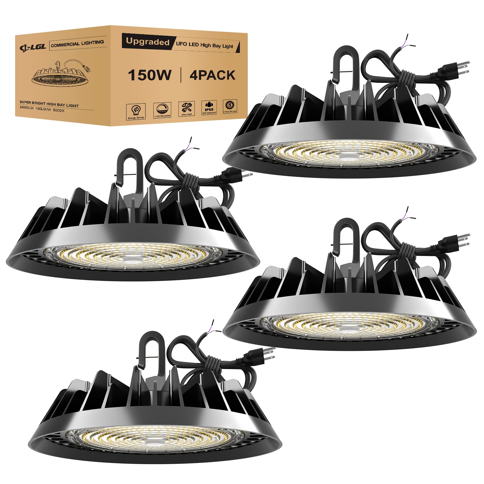 Jc-Lgl Ufo Led High Bay Light 150W, High Bay Led Lights 24,000Lm (160Lm/W) 1-10V Dimmable, 5' Cable With Plug, Hanging Hook, Safe Rope, Etl Listed High Bay Light For Factory Barn Warehouse, 4 Pack