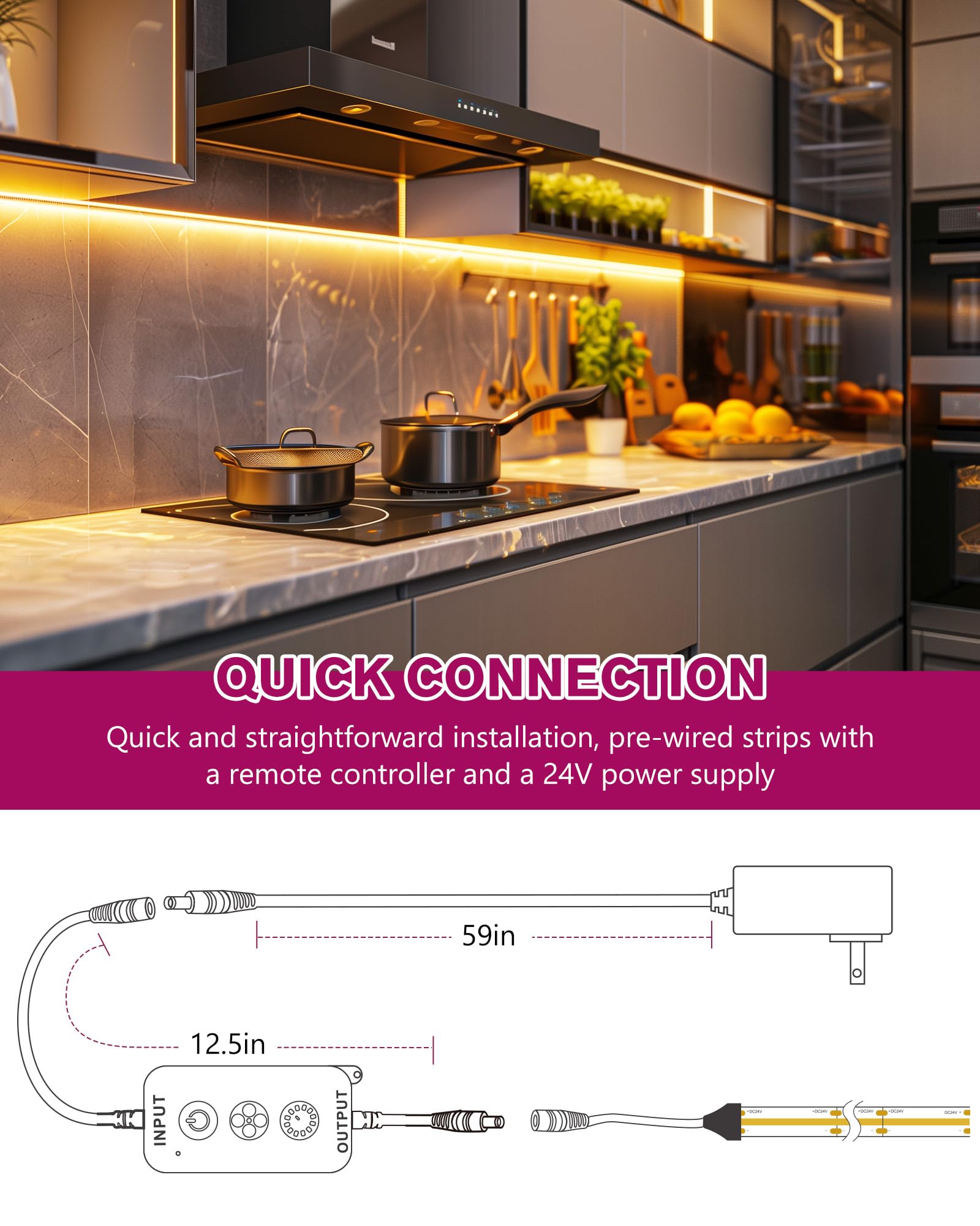 Emitever Cob Led Strip Lights Kit Warm White With Remote & 24V Power Supply,16.4Ft Dimmable Tape Light 2700K, High Density 2400L