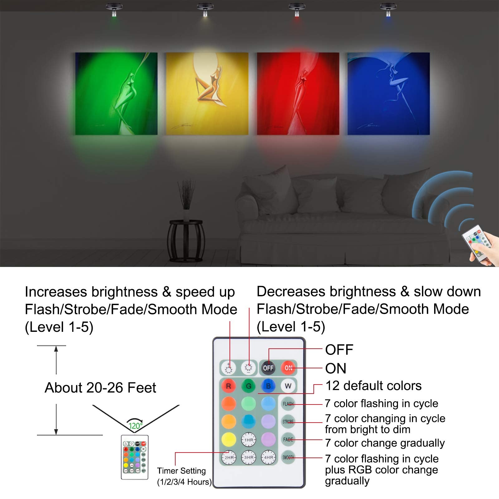 LUXSWAY Mini Accent Spotlights, Battery Operated LED Puck Lights, 12 Color Changing, Dimmable, Black+Silver Head, 2 Pack