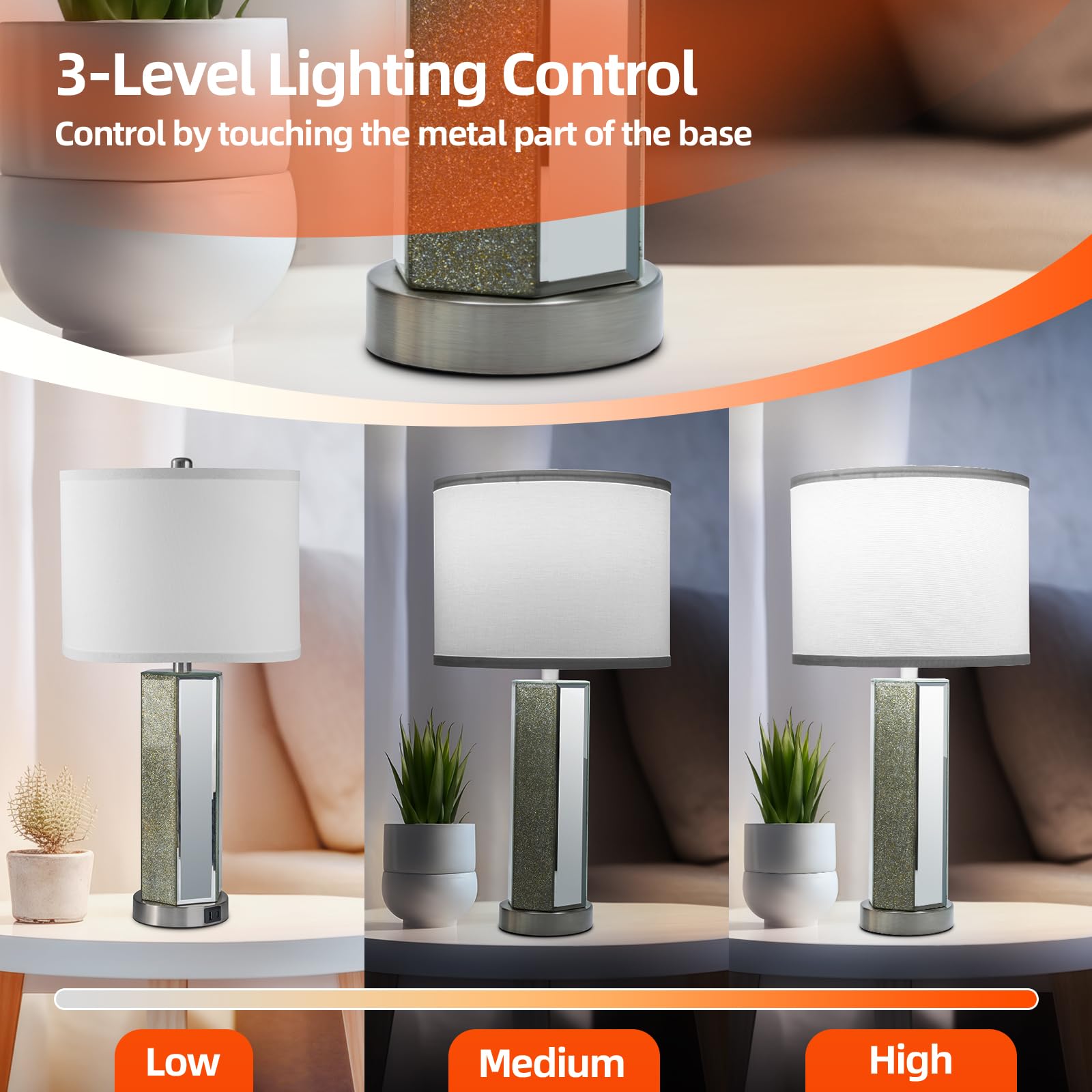 Velxee Touch Control Table Lamps Set Of 2, Modern Silver Mirror Bedside Lamp With 2 Usb Ports, 3-Way Dimmable Real Marble Gold N
