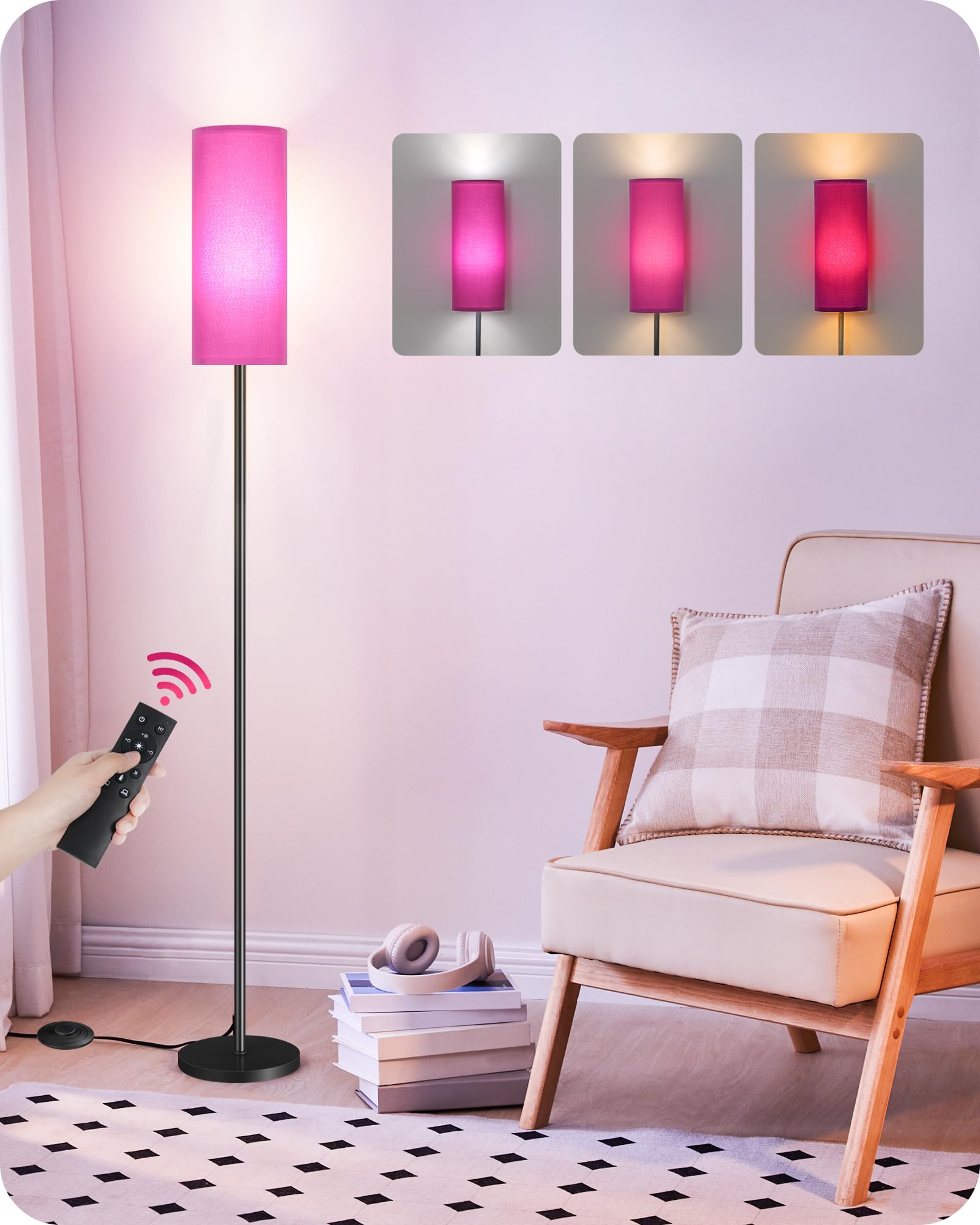 Dimmable Purple Floor Lamp for Living Room with Remote and Foot Switch, Corner Floor Lamp for Bedroom, 66'' Standing Tall Lamp, 