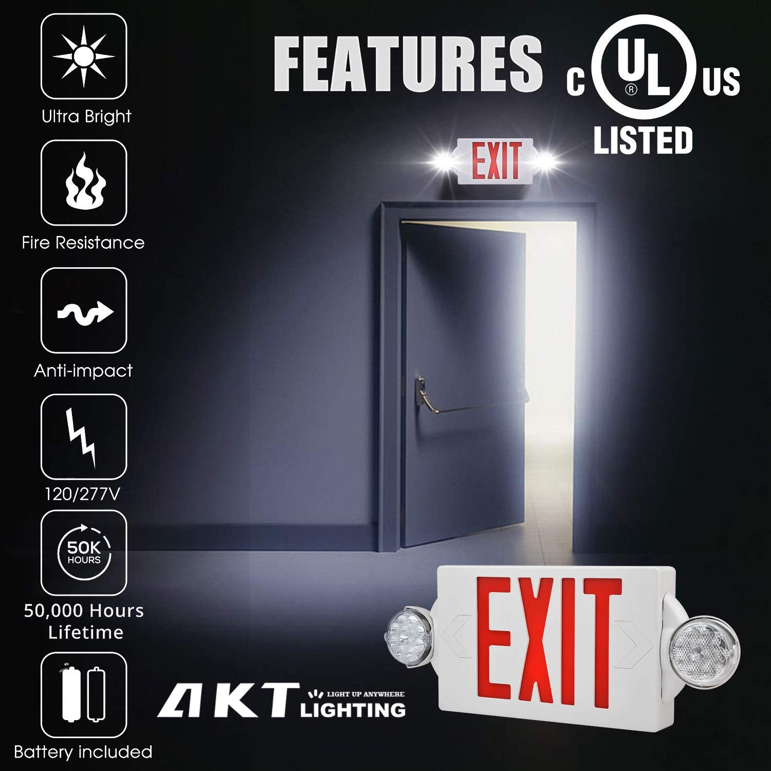 Akt Lighting Emergency Exit Light, Adjustable Two Led Head Exit Sign Light, Commercial Emergency Exit Lighting Combo With Back-U