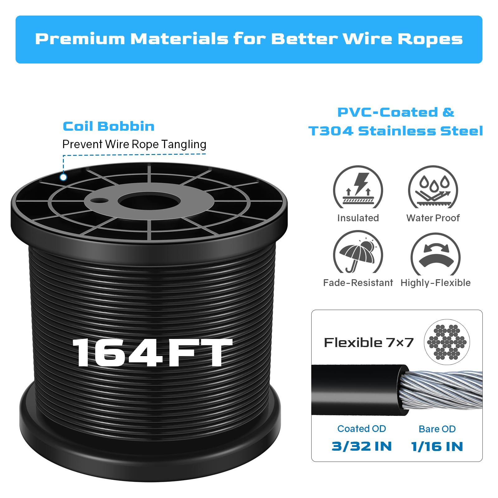 Nereus String Light Hanging Kit With 250 Ft Vinyl Coated 304 Stainless Steel Cable, String Light Suspension Kit, Guide Wire With Turnbuckles And Hooks For Patio, Backyard Lighting Accessories