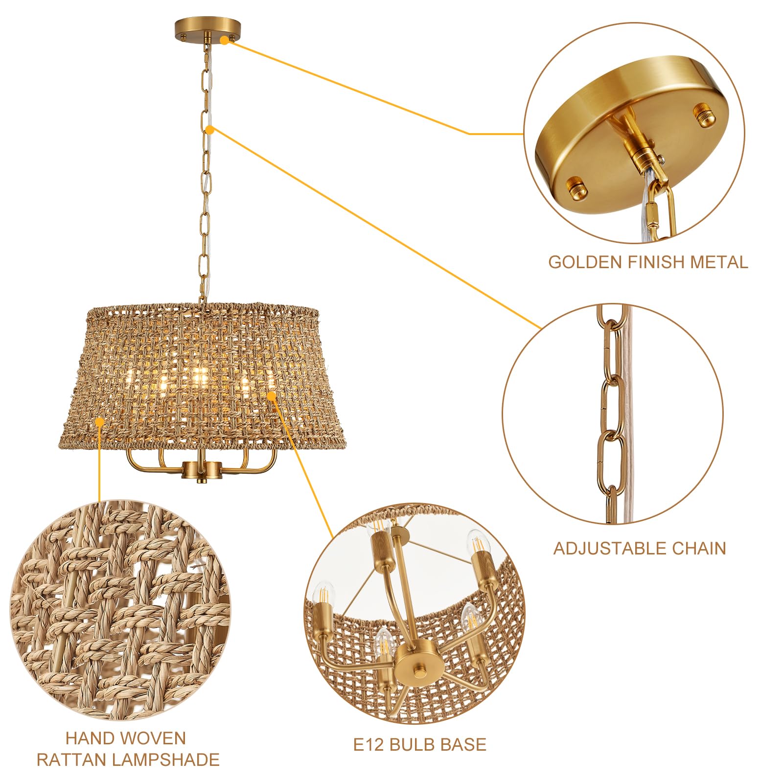 YOMECOO Hand-Woven Rattan Chandelier, Vintage Boho Design, 19.7in Golden, Model MD216-Golden for Dining Room, Kitchen, Living Room