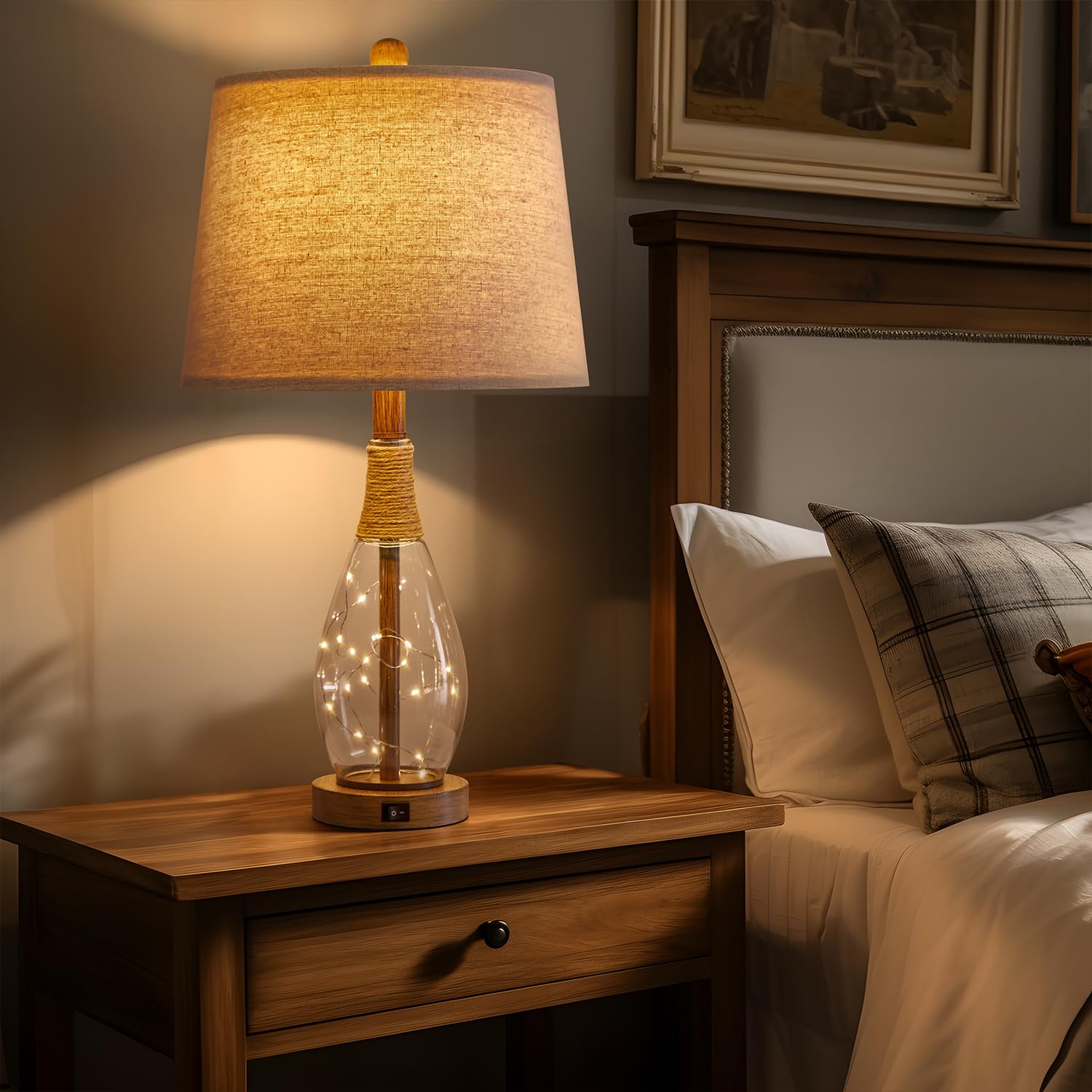 OYEARS 23" USB A+C Table Lamp Set of 2, Modern Rattan & Glass Bedside Lamps, Brown, AMZ-T1140CL-U