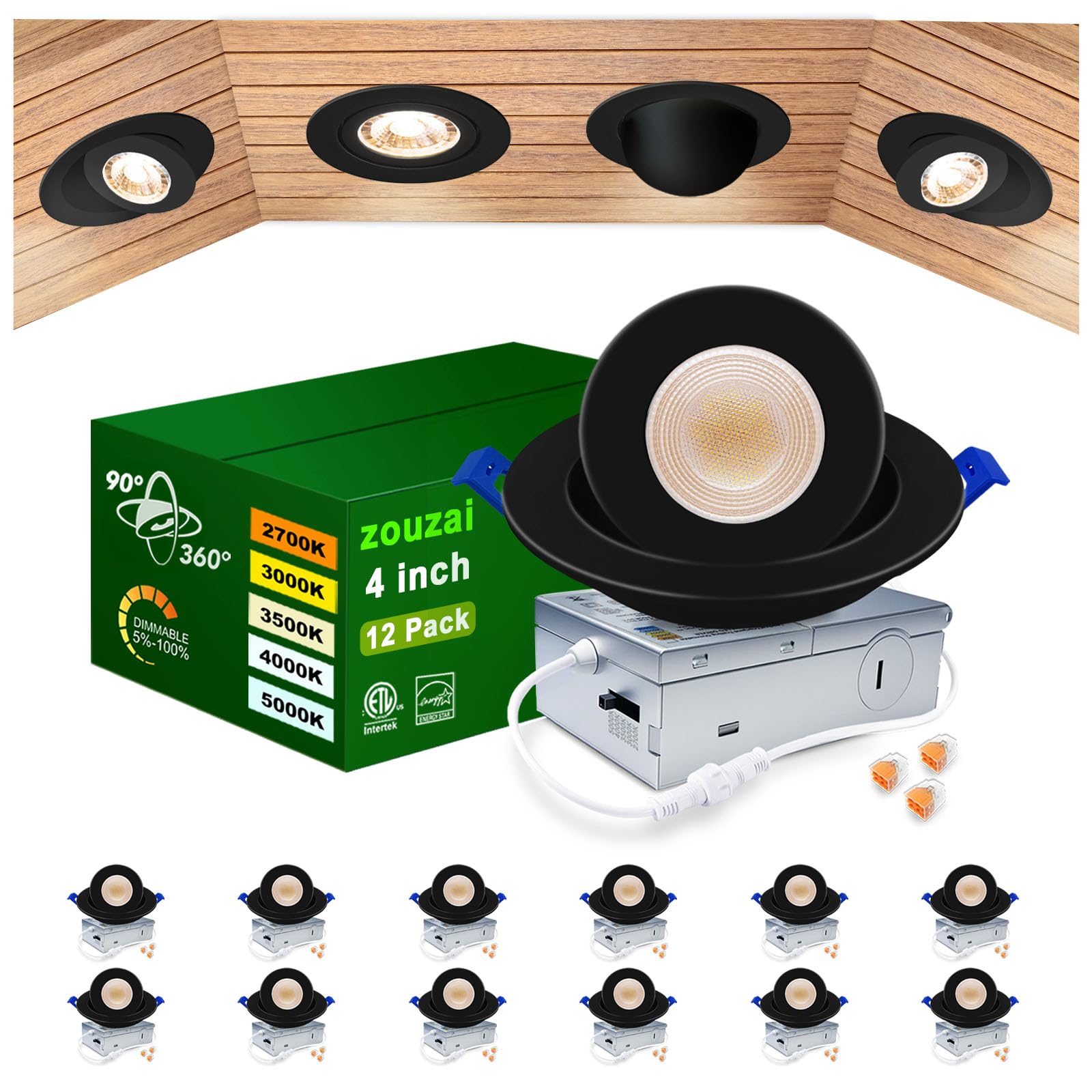 Zouzai 4 Inch 5Cct Gimbal Black Led Recessed Lights  360+90 Adjustable Directional Recessed Lighting  2700K-5000K Dimmable Retrofit Eyeball Can Lights With Jbox  Etl&Energy Star (Black 12 Pack)