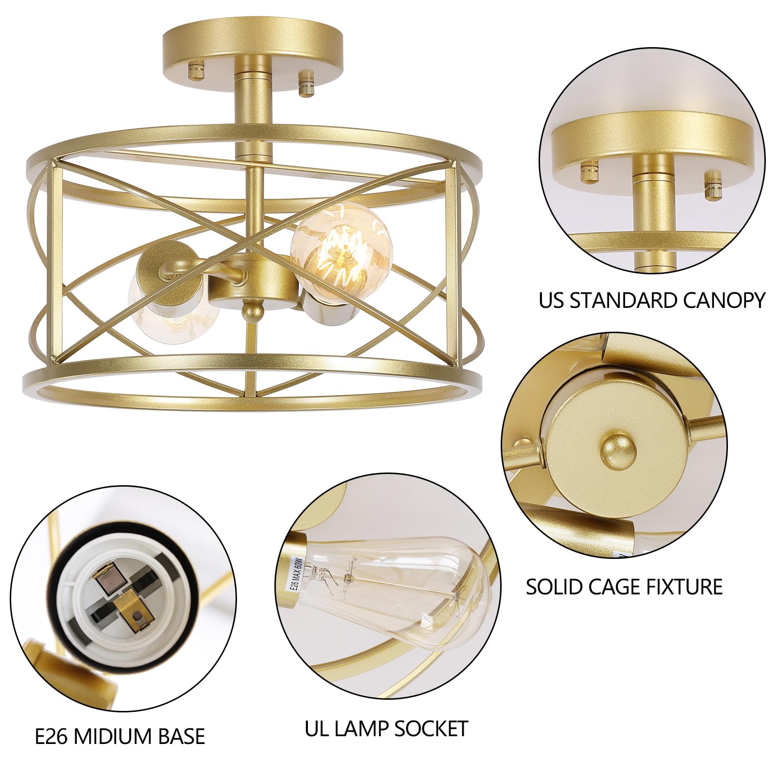 Weltrans Gold Semi Flush Ceiling Light, 2-Light Industrial Metal Cage Pendant For Home Decor