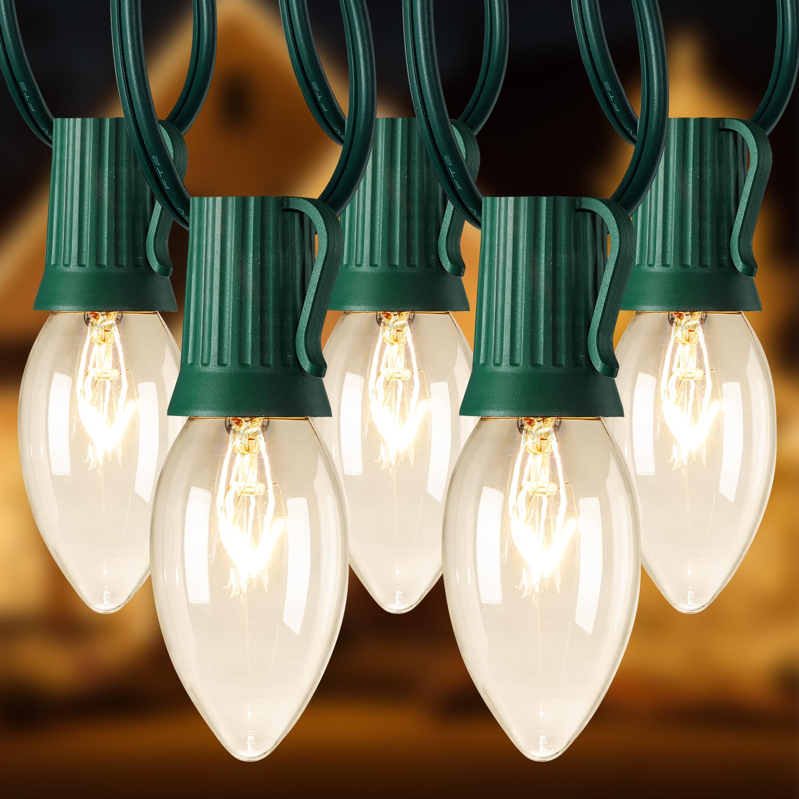 Brightown C9 String Lights 50FT Warm White Clear for Indoor/Outdoor Christmas Decoration, E17 Base, Green Wire, Model GYPI-O507BU
