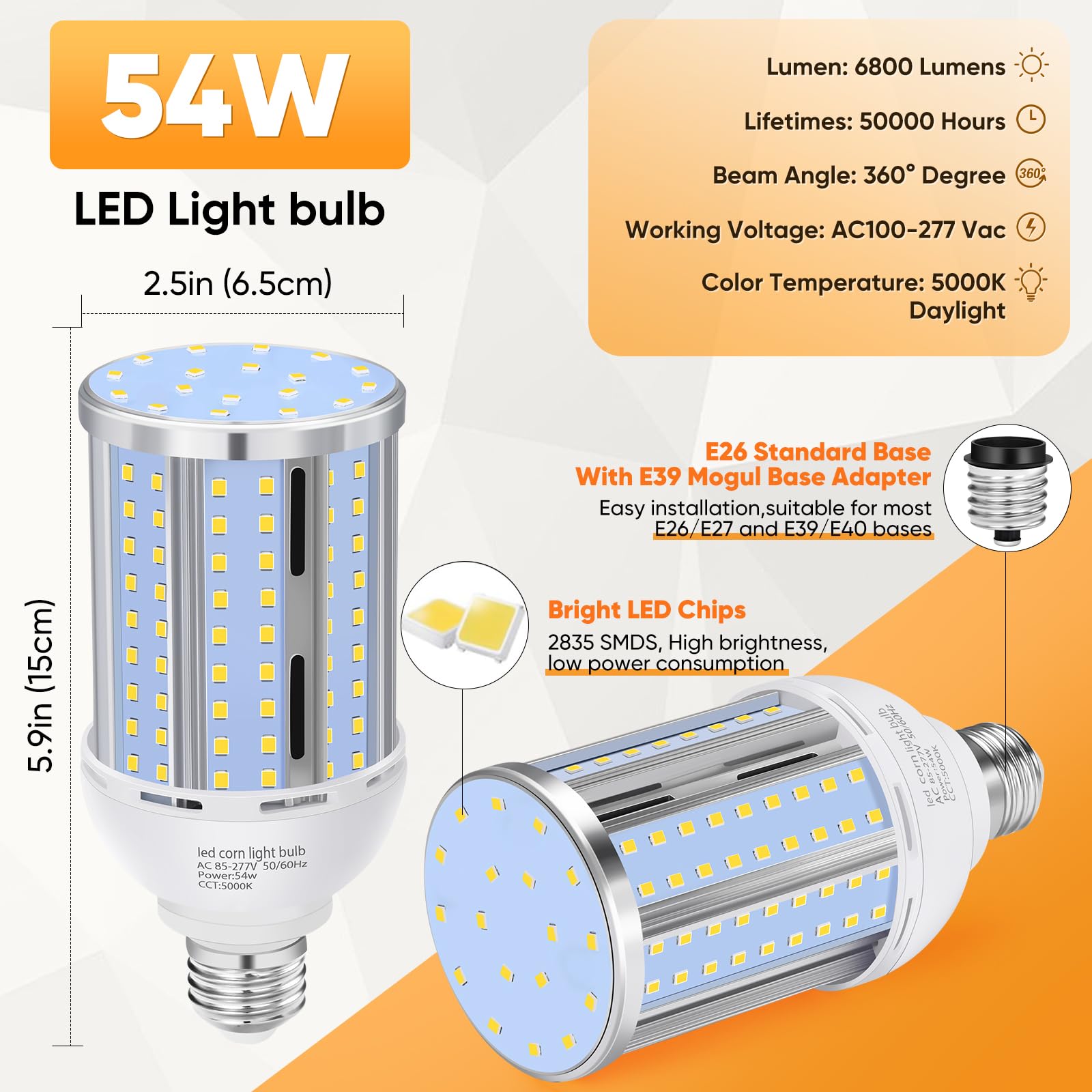 Xycn 6 Pack 54W Corn Led Light Bulb,(480 Watt Equivalent) Fanless E26/E27 Medium Base Led Cob Lamp 5000K Daylight 6,800Lm For Ou