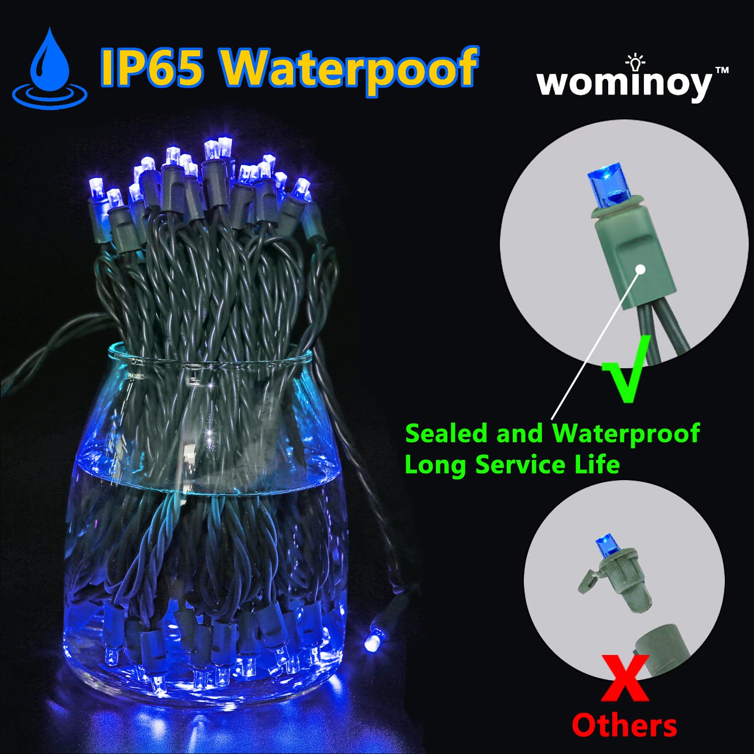 Wominoy 25Ft 50 Counts Blue Led Christmas Lights - Commercial Grade Outdoor Waterproof, Wide Angle Green Wire, Xmas Tree Lights,
