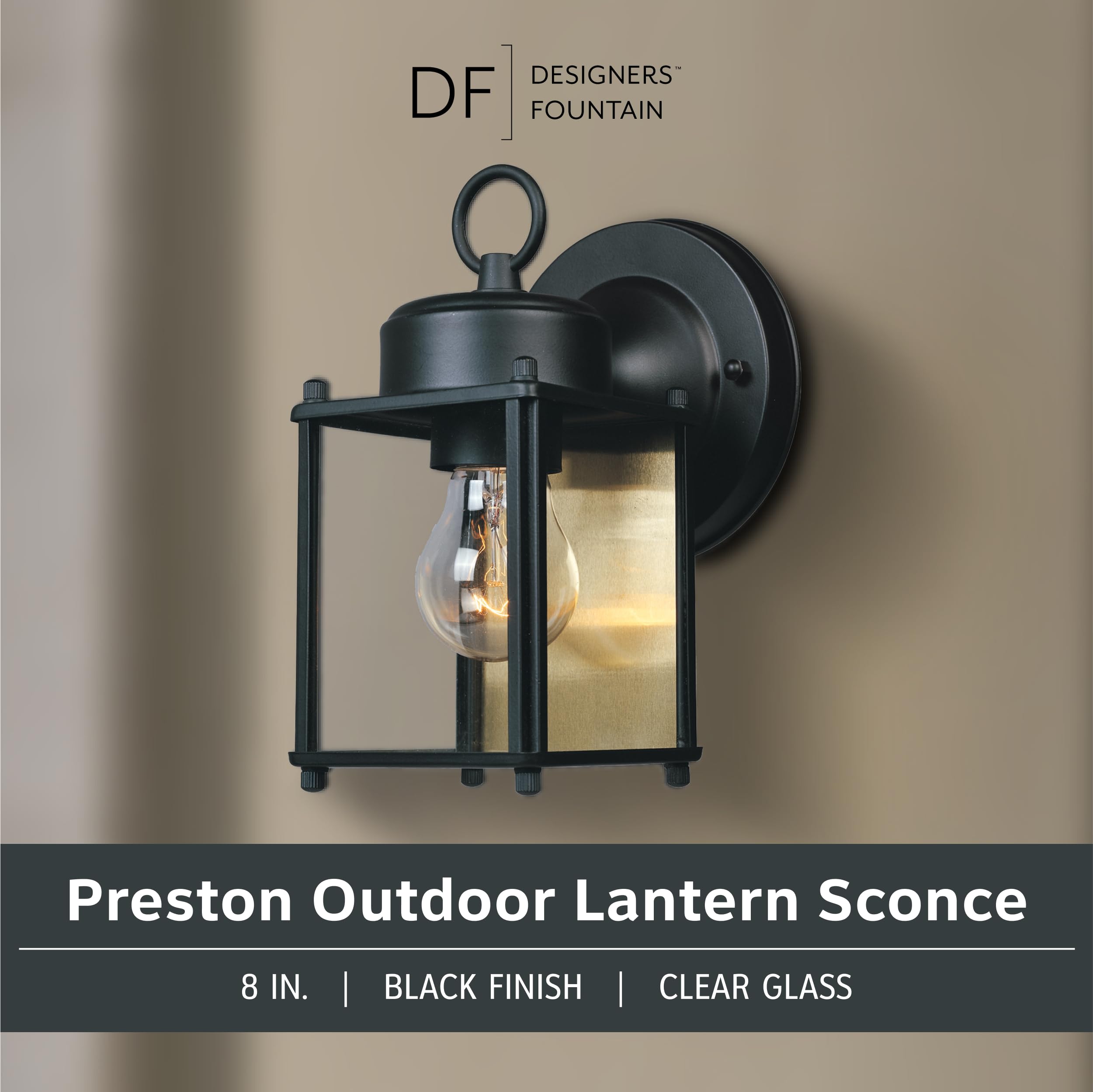 DESIGNERS FOUNTAIN Outdoor Wall Mount Lantern Sconce, 8 Inch, Black, Clear Glass, Model 1161-BK
