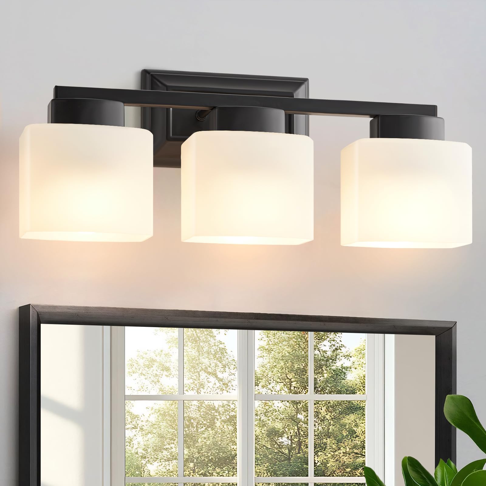 Ejiaxin 3-Light Bathroom Light Fixtures - Black Bathroom Vanity Lights With Frosted Glass Shade Modern Bathroom Lighting Fixtures Over Mirror - Wall Sconce Lamps For Bedroom Living Room Hallway