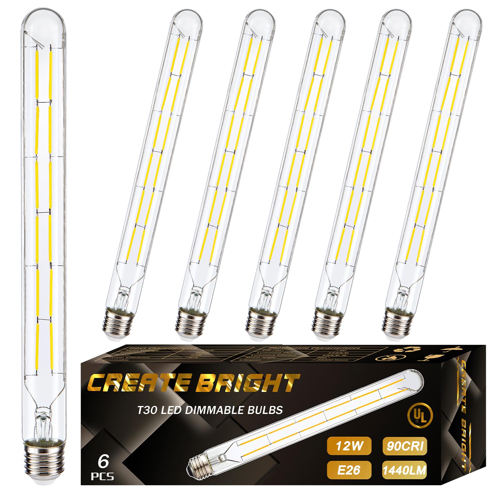 Create Bright Dimmable 12W 5000K Led Tubular Bulb T30 Daylight White Edison Filament Light Bulbs,Clear Glass,E26 Base,11.86 Inch