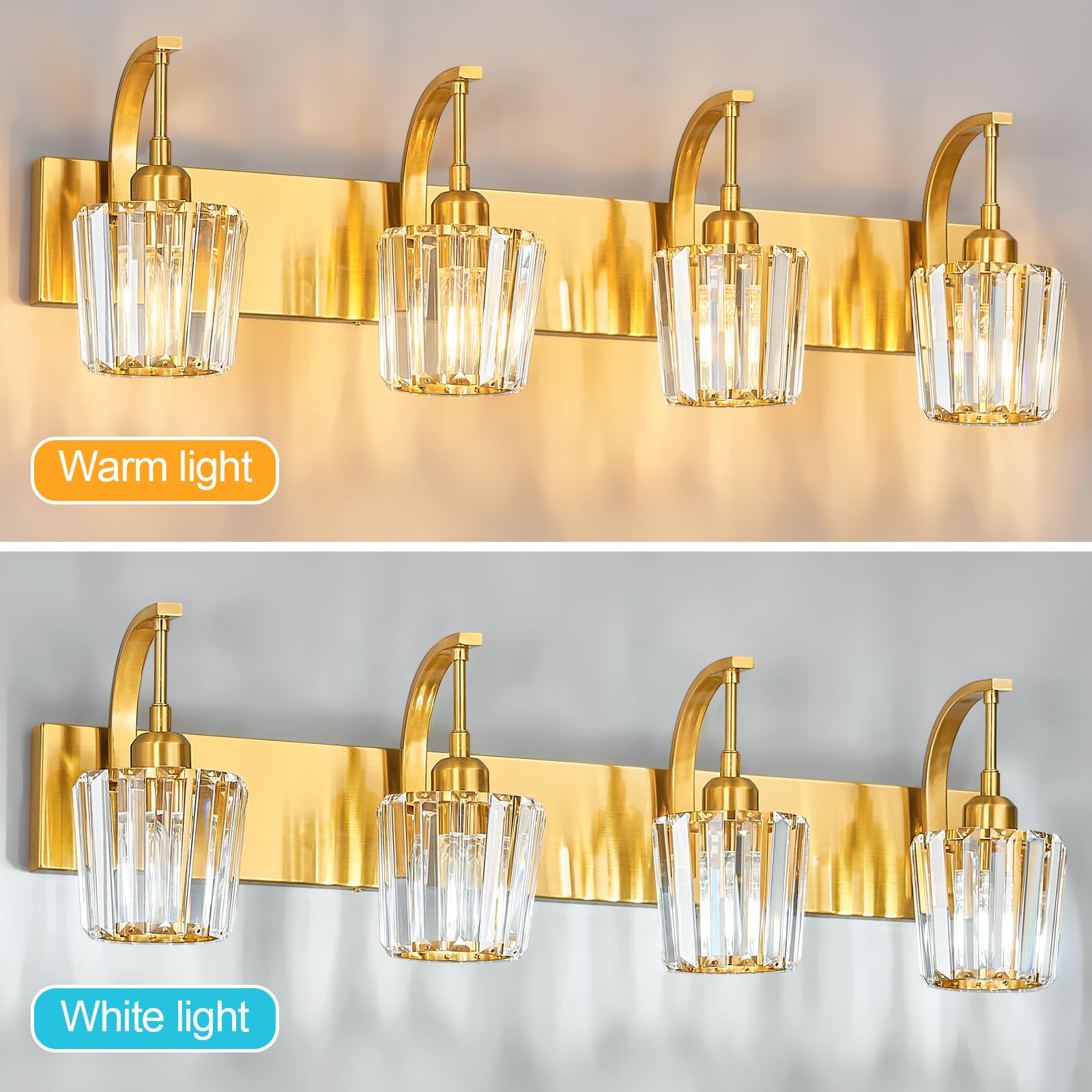 Fdpby Modern Bathroom Vanity Light  4-Light Gold Wall Sconce With Crystal Accents  Over Mirror Bathroom Lighting Fixture  32.67 Long Dimmable Vanity Lamp For Makeup  Easy Installation