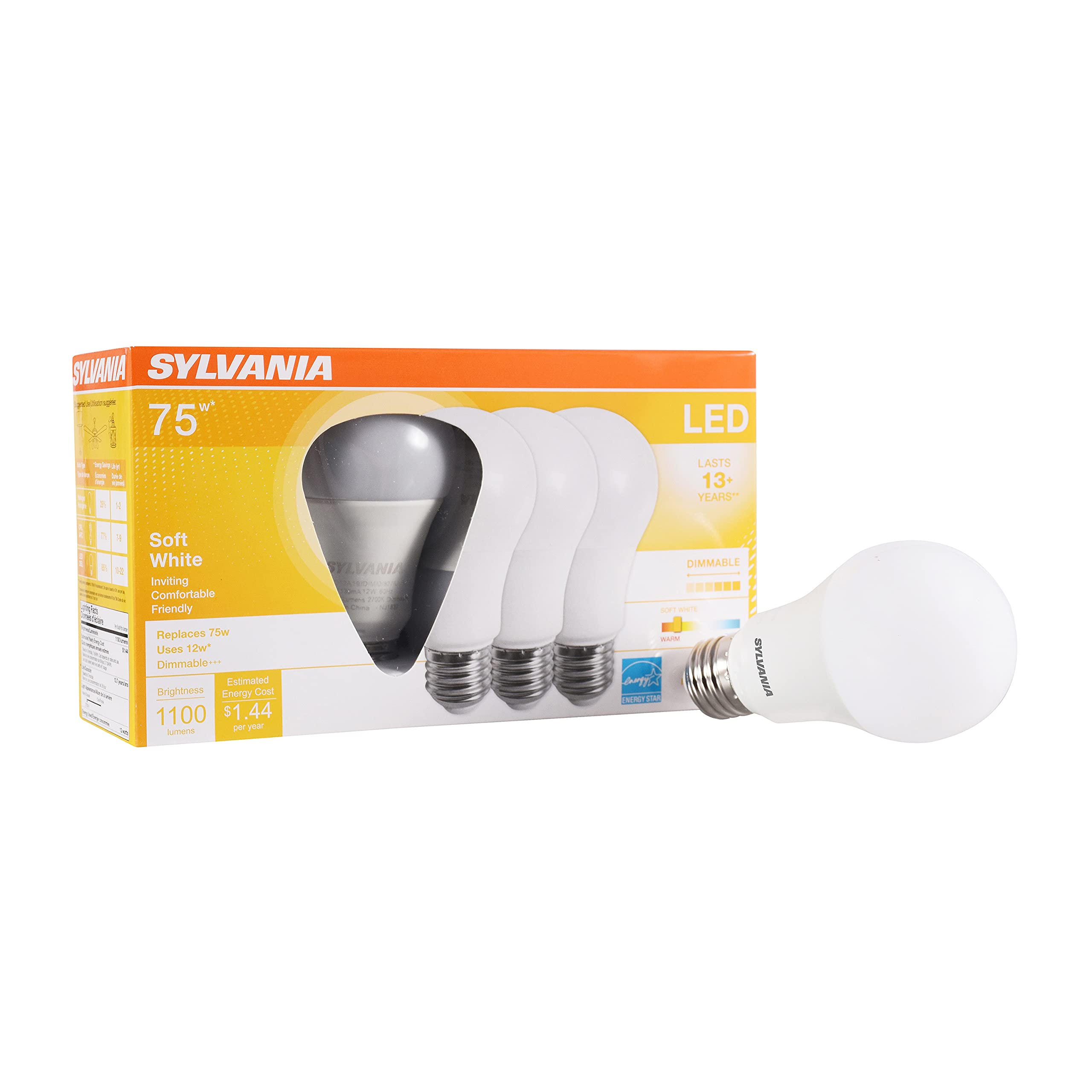 Sylvania A19 Ultra Led Light Bulb, 12W, 75W Equivalent, 13 Year, Dimmable, 1100 Lumens, 2700K, Soft White - 4 Pack (74425)