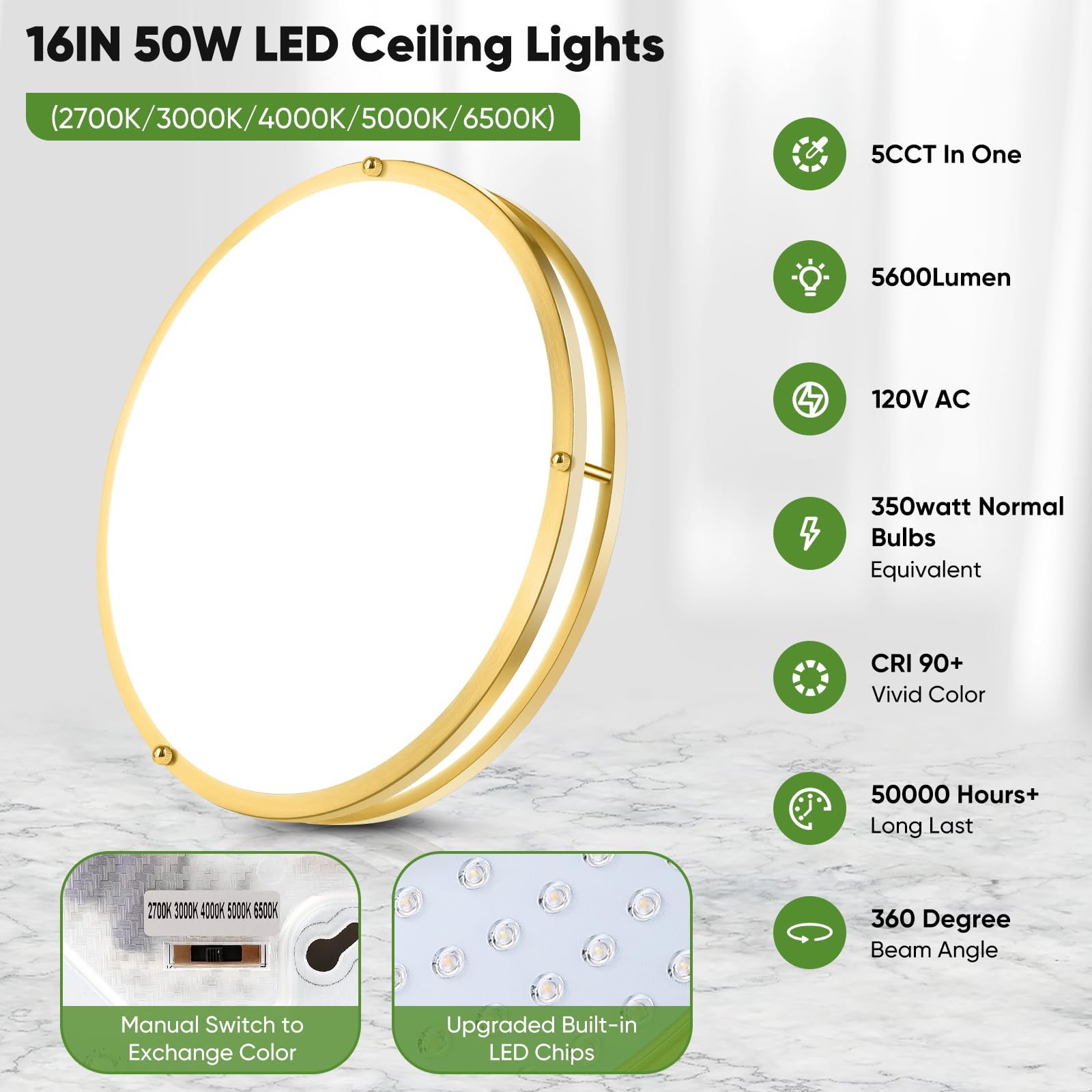 TOBUSA LED Flush Mount Ceiling Lights, 50W, 5600lm, Dimmable, 16 inch, Brushed Gold, 2-Pack, 2700K-6500