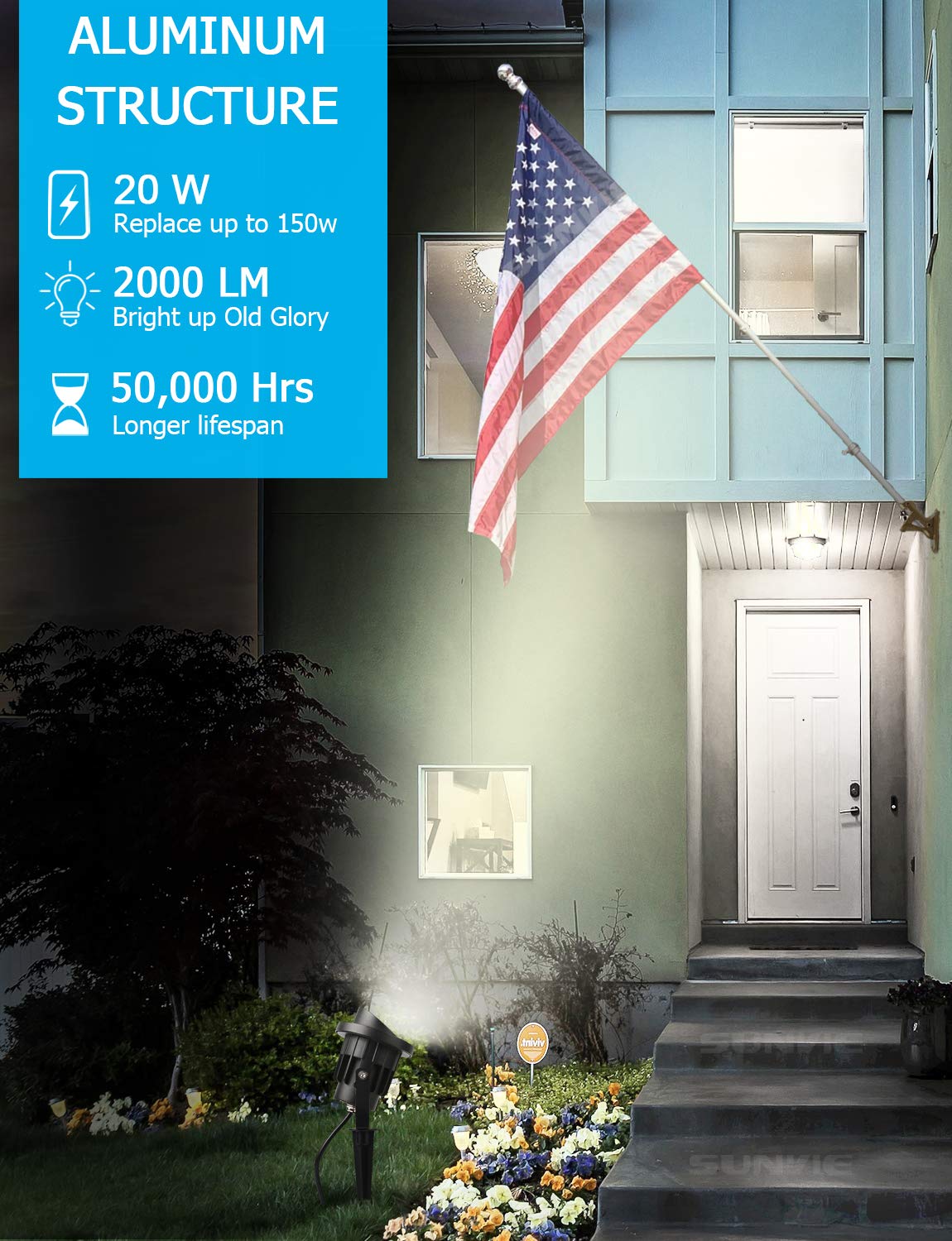 Sunvie 20W Outdoor Spotlight Led Landscape Lighting 120V Ac Waterproof Yard Spot Lights Outdoor With Stake For Tree Flag Lights