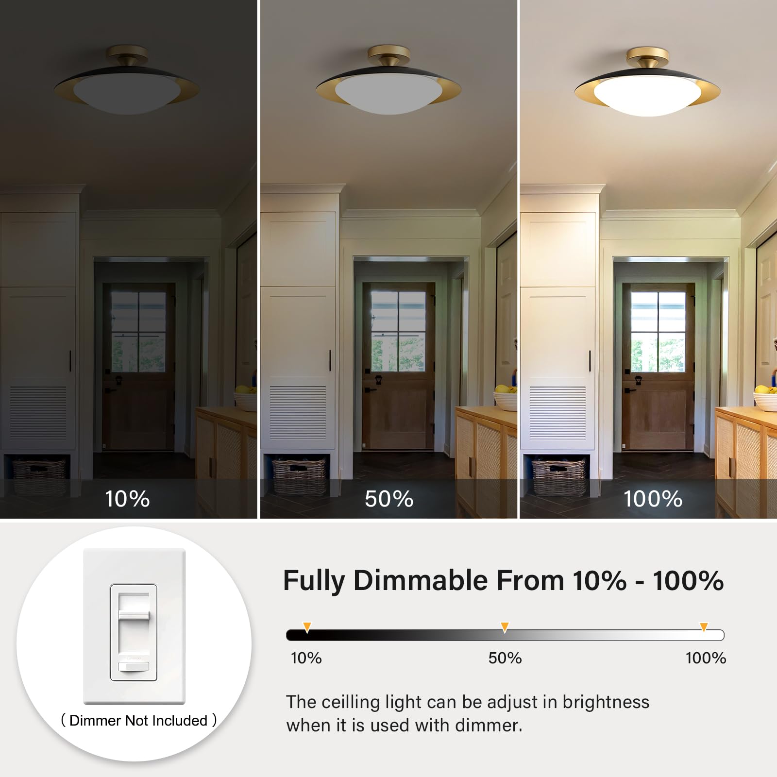 Dimmable Modern Mid-Century Ceiling Light, Black And Gold Led Semi Flush Mount Ceiling Light, 5Cct 2700K-6000K Lighting Fixture Ceiling Lamp With Acrylic Shade For Bedroom Kitchen Living Room, 15.8In