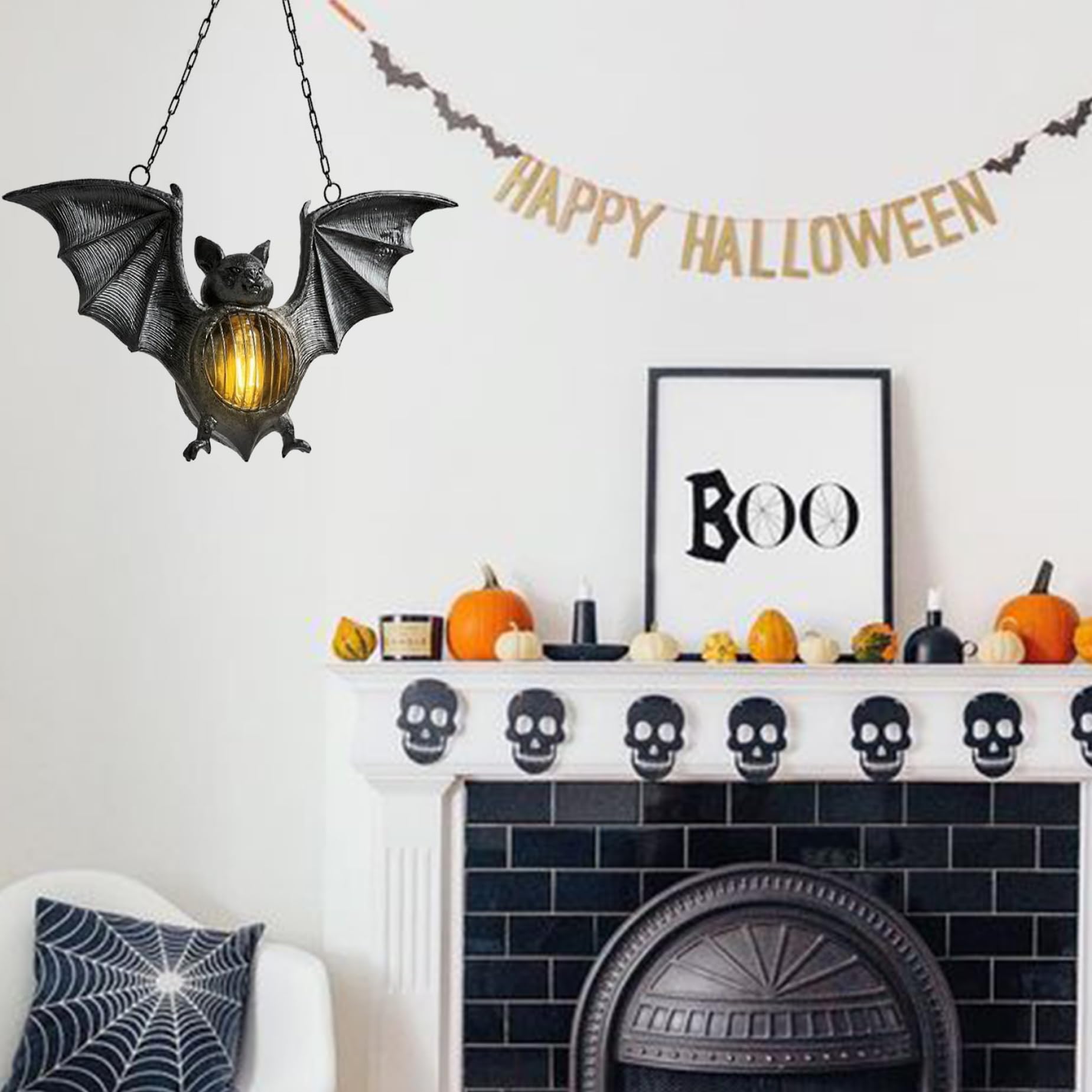 Bat Lights 3 Pcs Halloween Lantern Easy Hanging Creepy Bat Light Outdoor LED Bat Figurine Decor Light up Haunted House Wall Lamp
