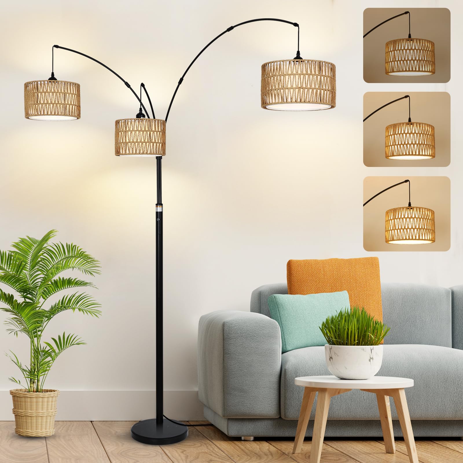 Airposta Black Arc Floor Lamps - Dimmable Tall Lamp with Rattan Shades, Suitable for Living Room, Bedroom, Office