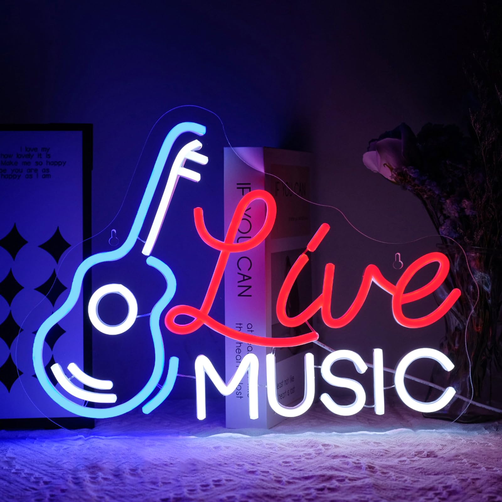 Virlusy Live Music Neon Sign - Dimmable LED Wall Decor, Acrylic, Red Blue White, Model YL-Live Music