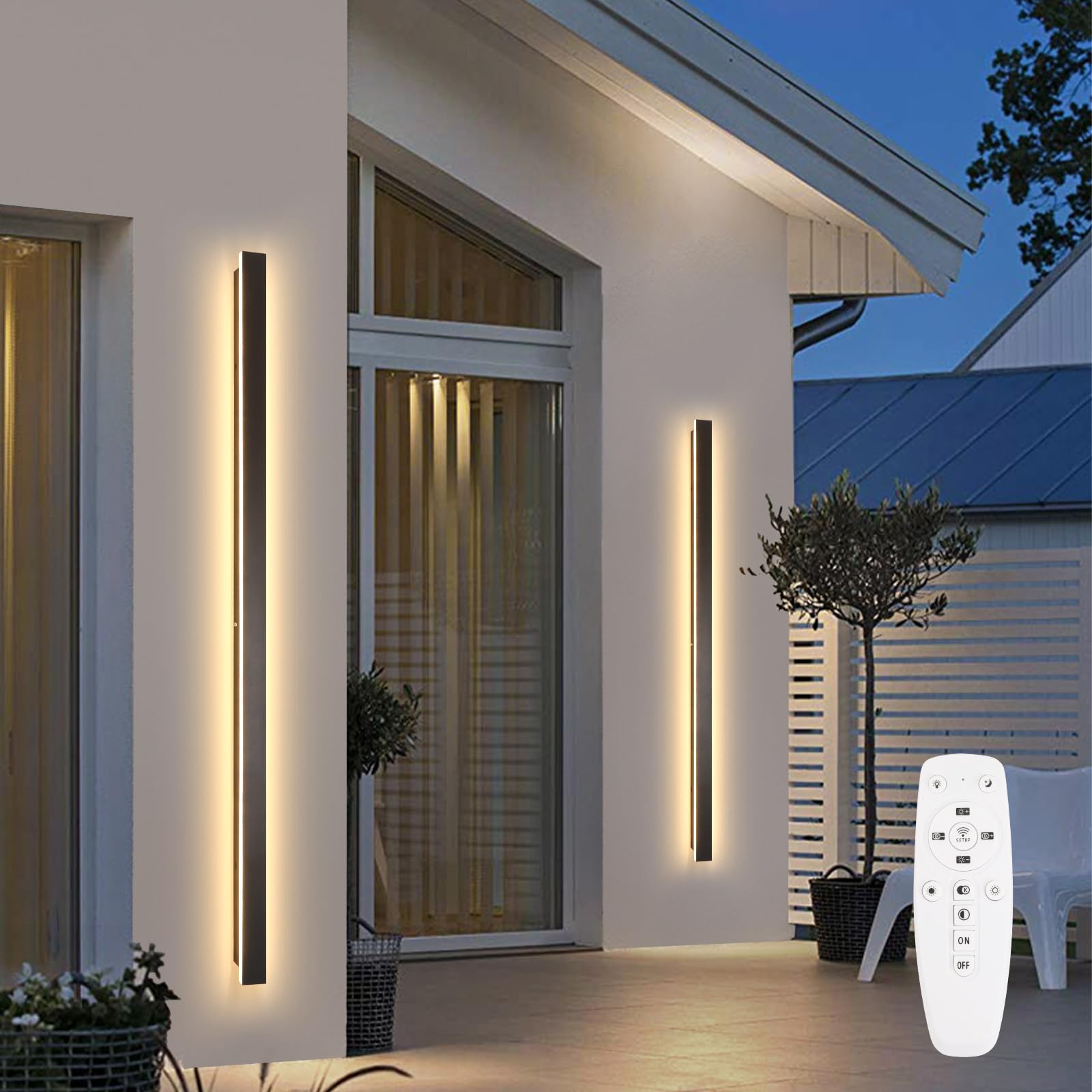 SJIGUANGZ 70.87in Modern Outdoor Wall Lights, Dimmable Black Outdoor Wall Sconce with Remote Control, Waterproof Exterior Linear