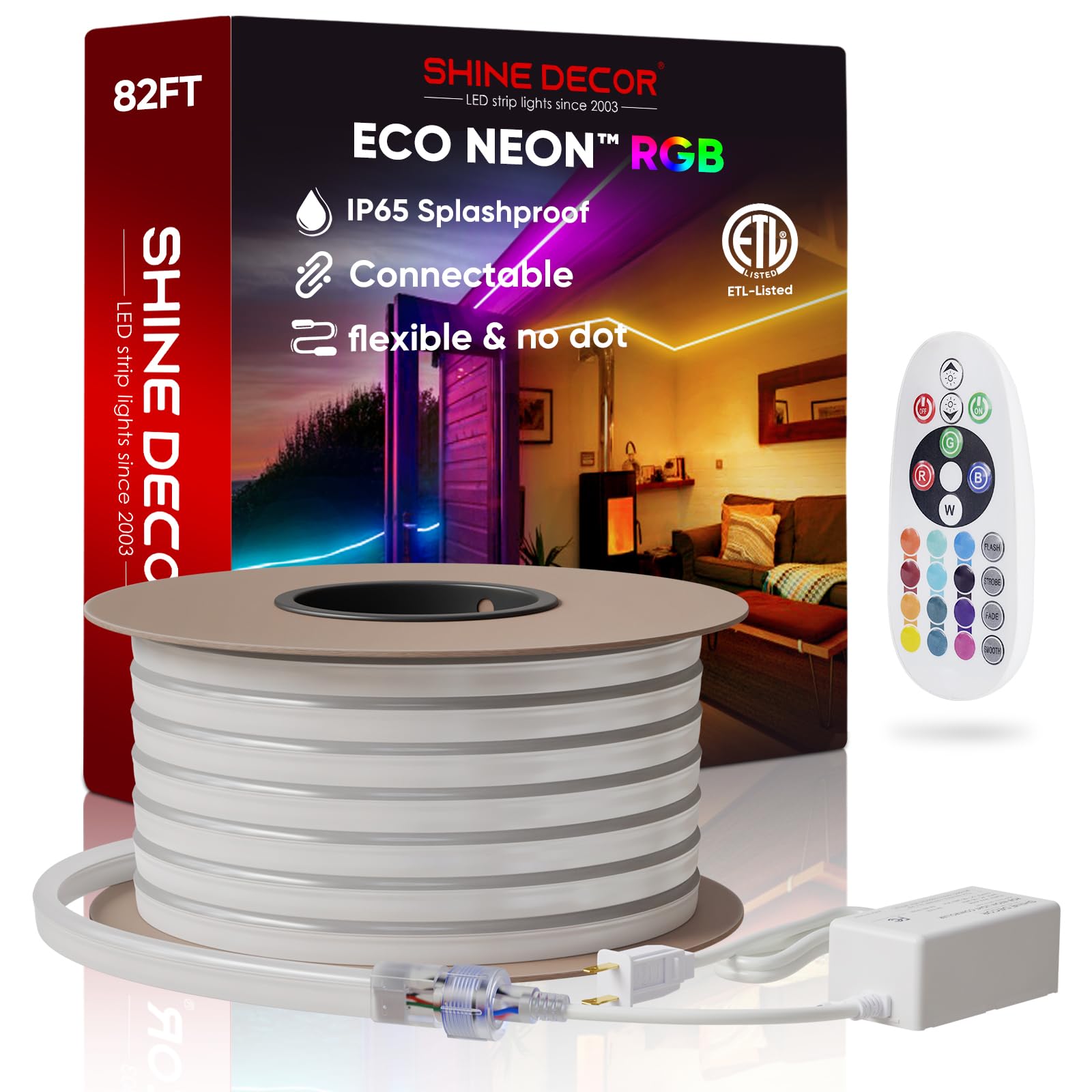 Shine Decor LED RGB Neon Rope Lights AC 120V, Expandable & Cuttable Bright Strip Lighting with Remote, Dimmable Color Changing, ETL Cold-Resistant & IP65 Waterproof for in&Outdoor, 10x20mm, 82FT
