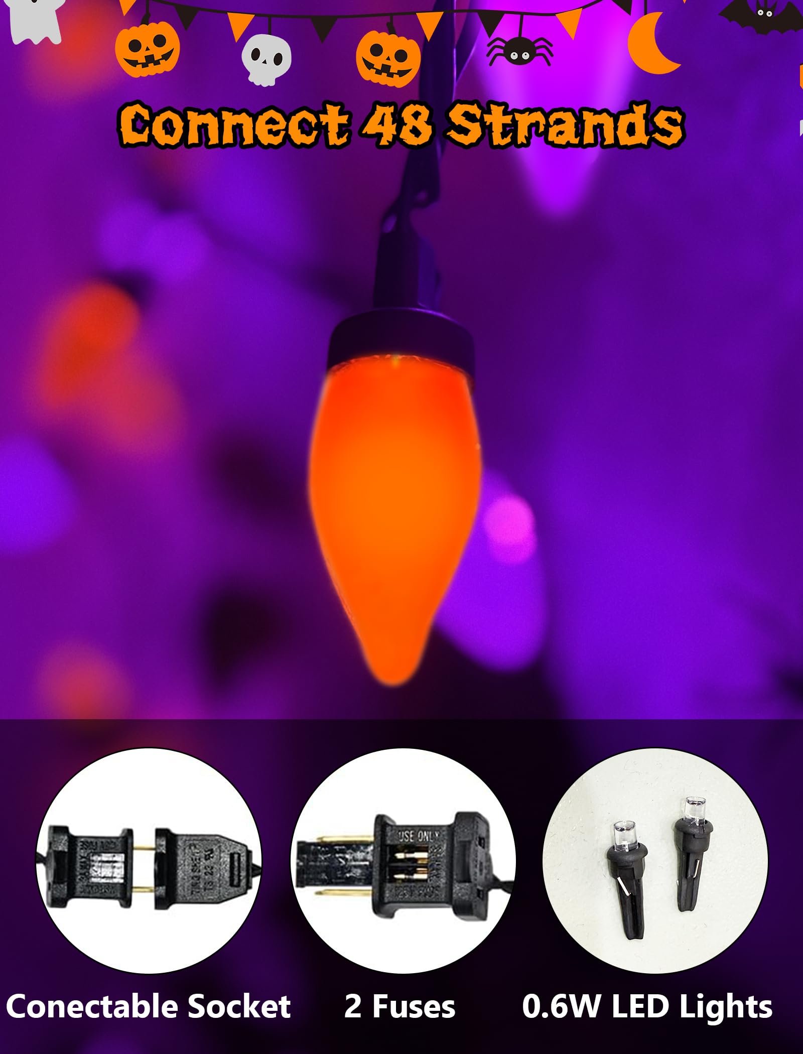 Xingzd Halloween String Lights, 50 C7 LED, 26FT Outdoor Decor, Orange/Purple, Plastic