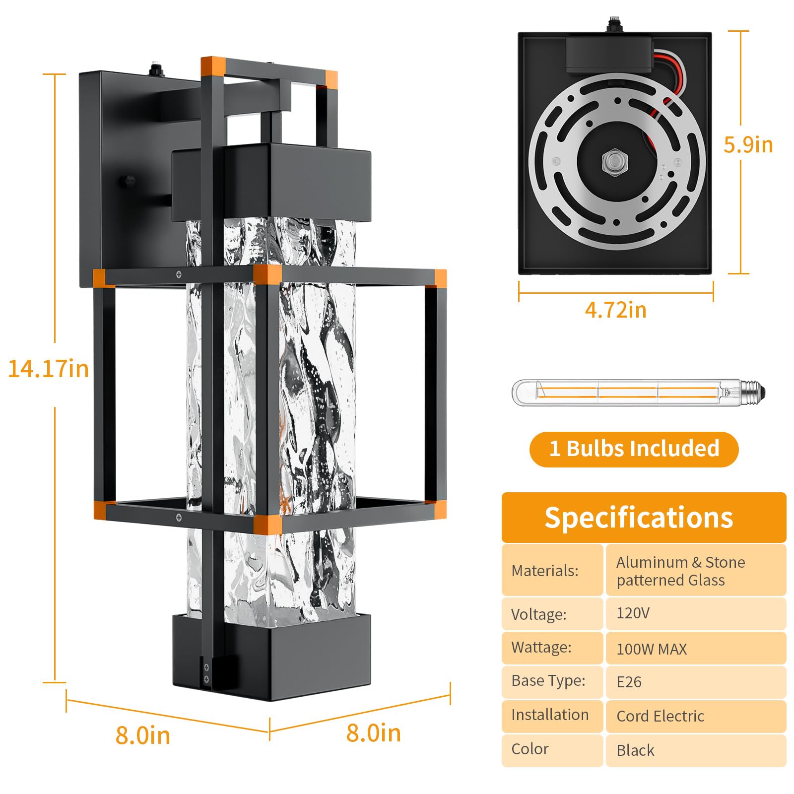Hotsonic Dusk to Dawn Outdoor Wall Light Fixture, 14" Waterproof Aluminum Lantern, Orange, Model HS-0101